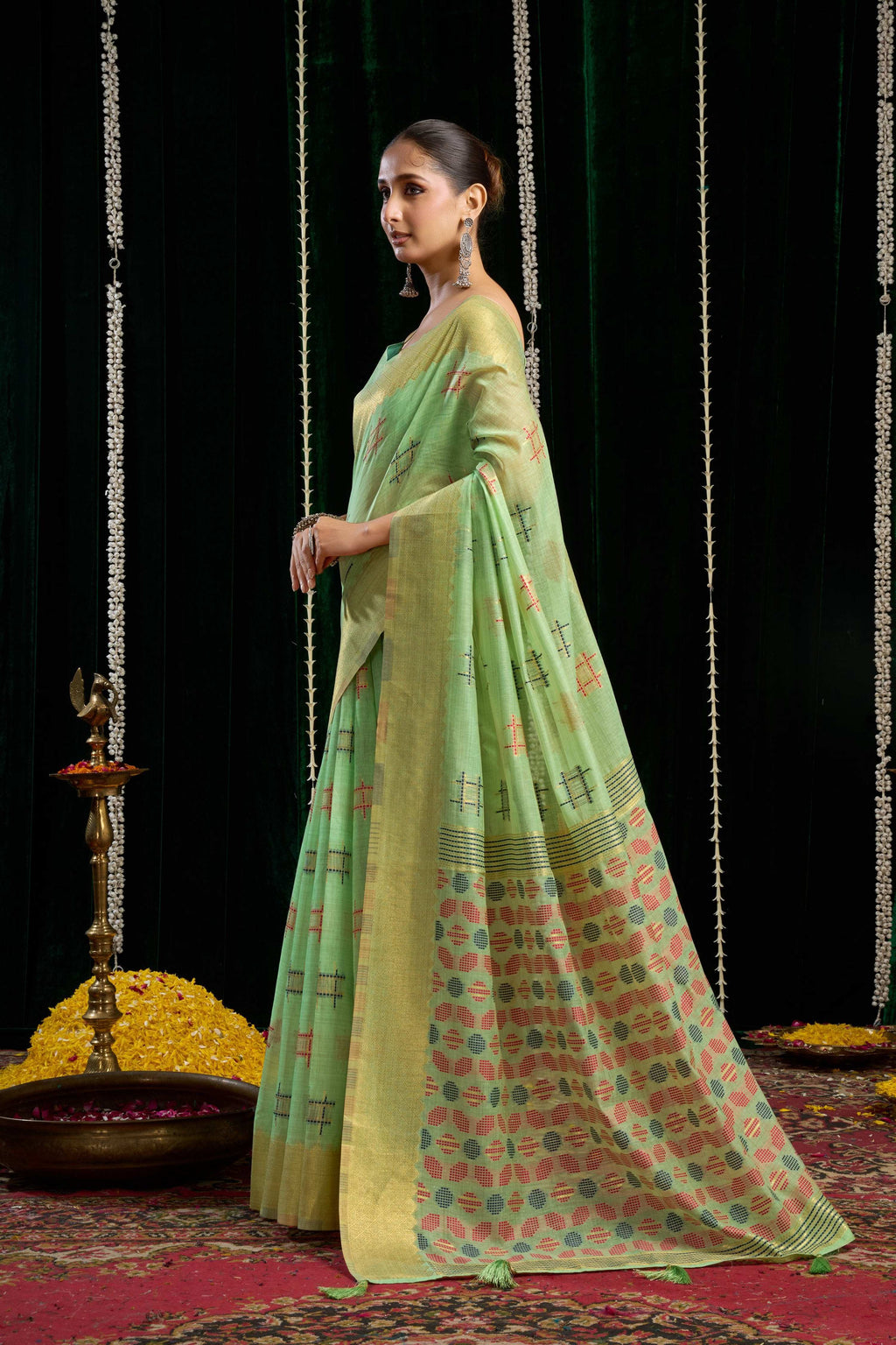 Jyoti Fashion Women's Green Soft Spun Cotton Zari Woven Saree with Blouse