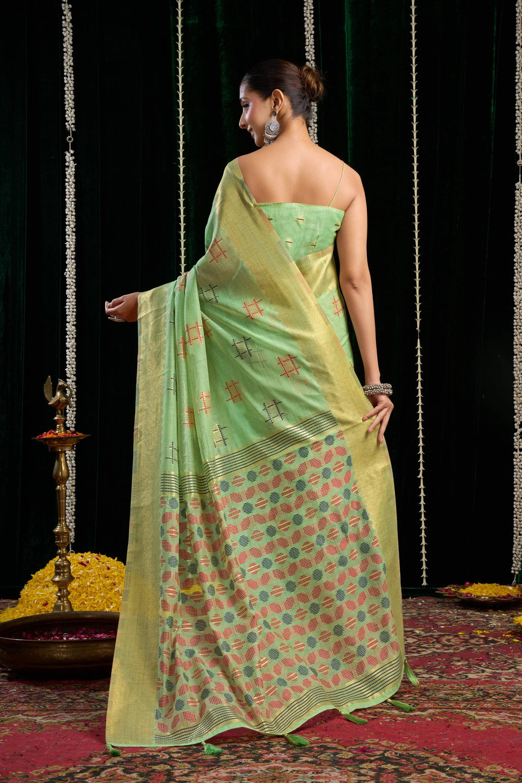 Jyoti Fashion Women's Green Soft Spun Cotton Zari Woven Saree with Blouse