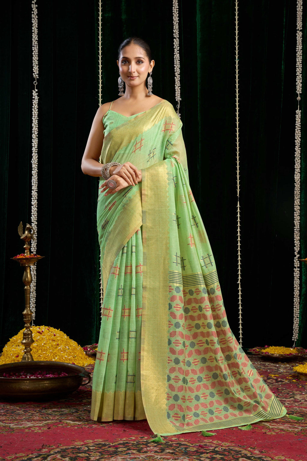 Jyoti Fashion Women's Green Soft Spun Cotton Zari Woven Saree with Blouse