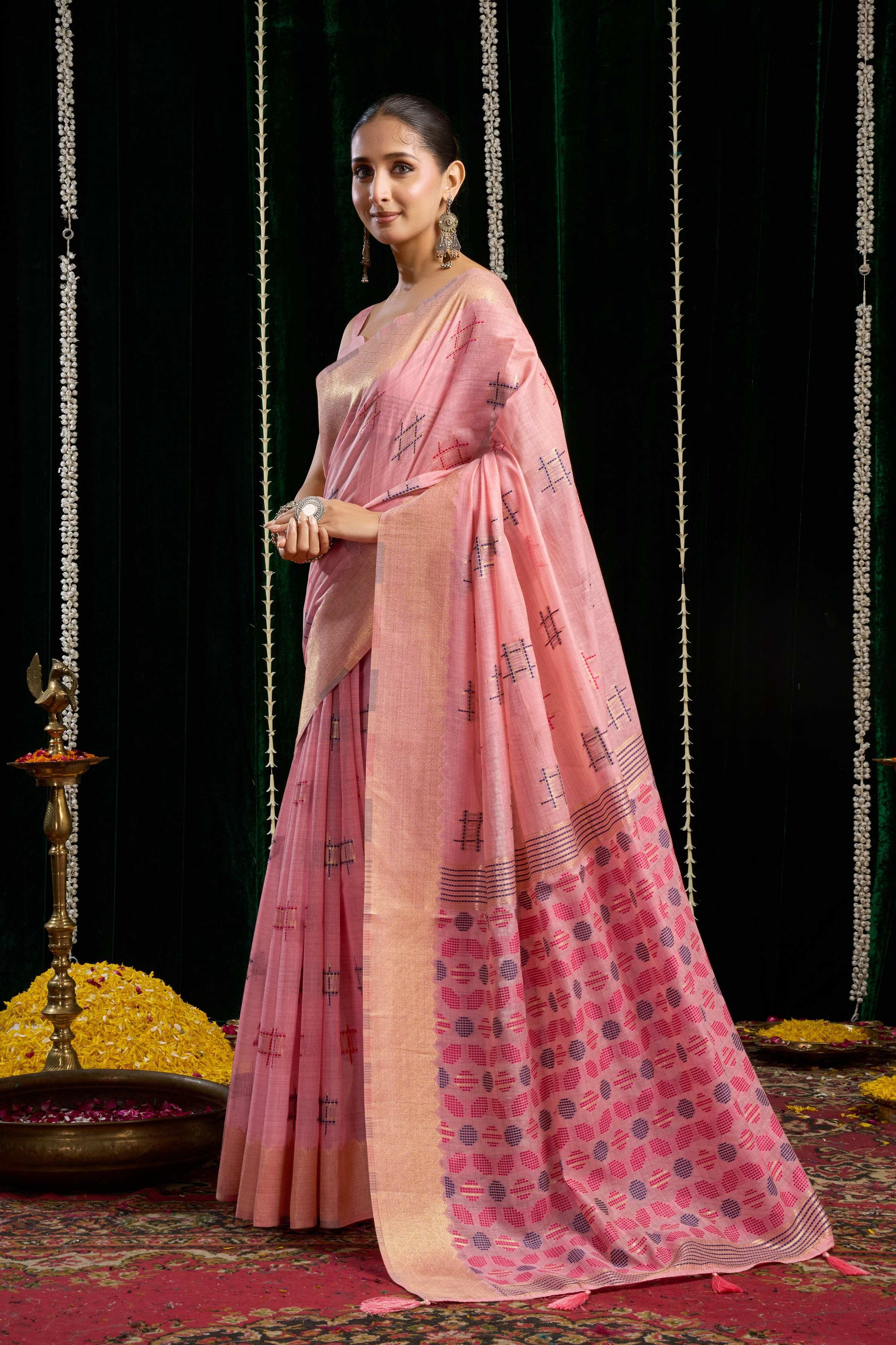 Jyoti Fashion Women's Pink Soft Spun Cotton Zari Woven Saree with Blouse