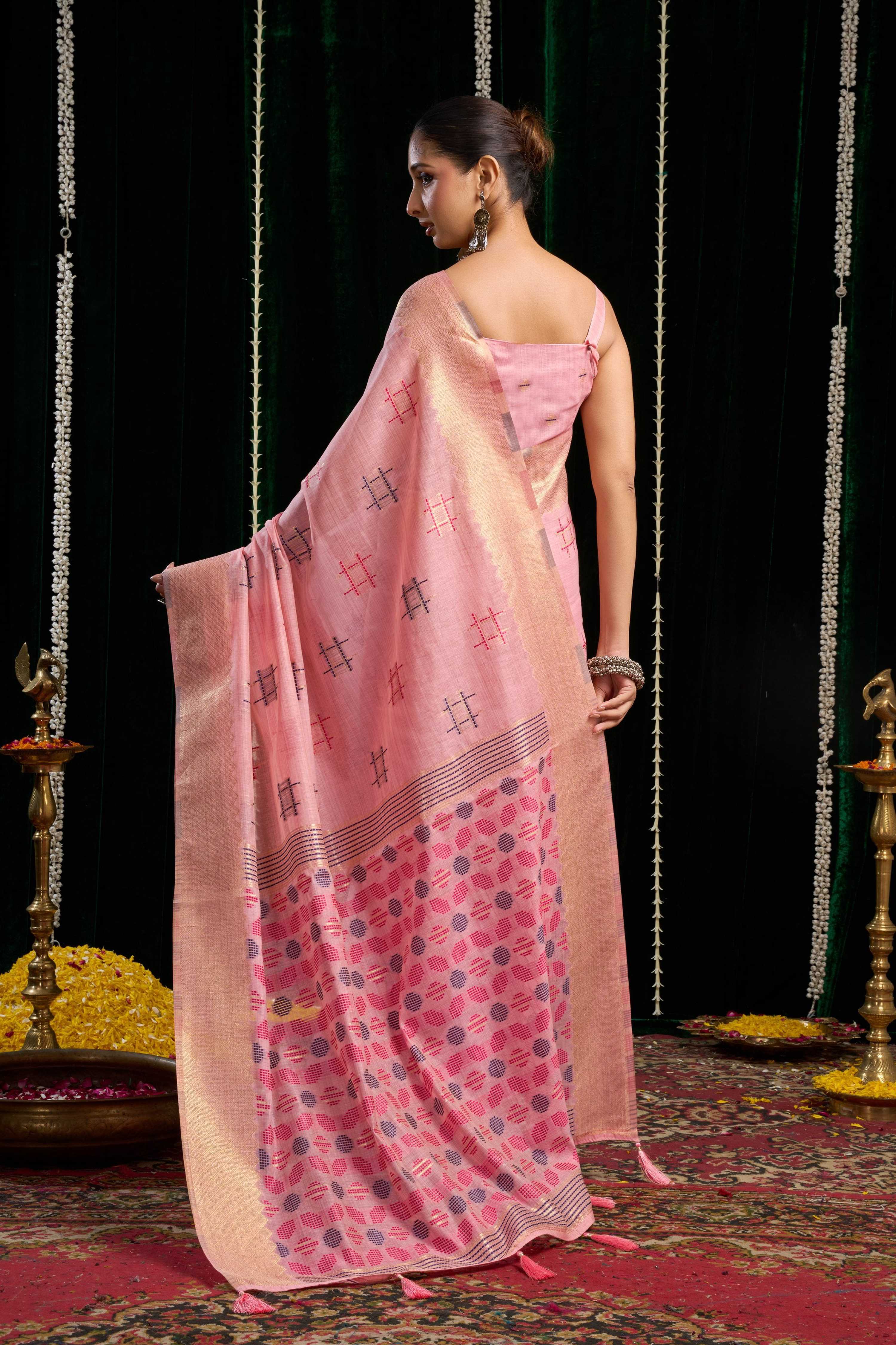 Jyoti Fashion Women's Pink Soft Spun Cotton Zari Woven Saree with Blouse