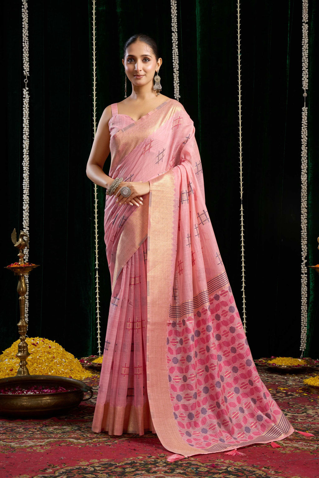 Jyoti Fashion Women's Pink Soft Spun Cotton Zari Woven Saree with Blouse