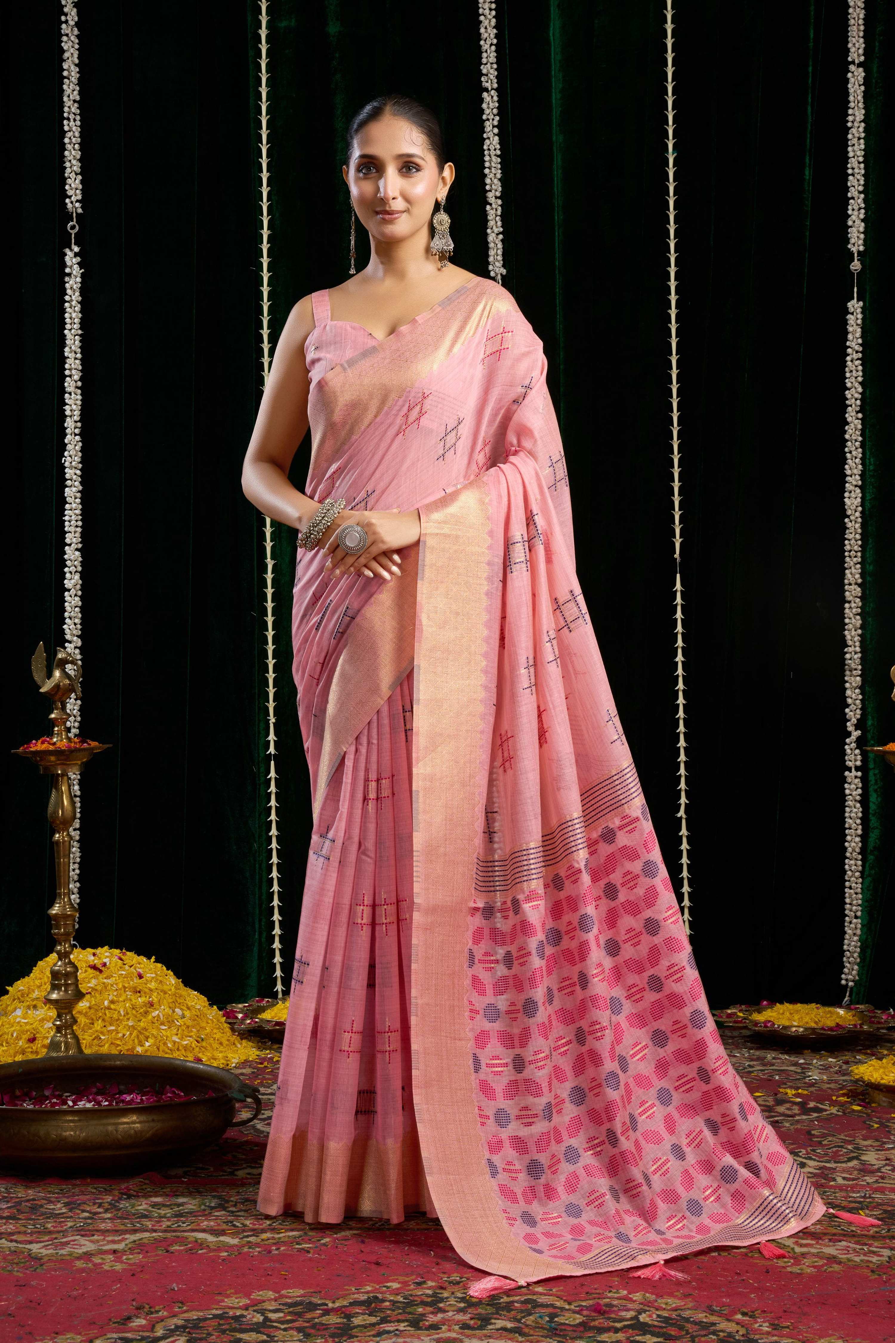 Jyoti Fashion Women's Pink Soft Spun Cotton Zari Woven Saree with Blouse