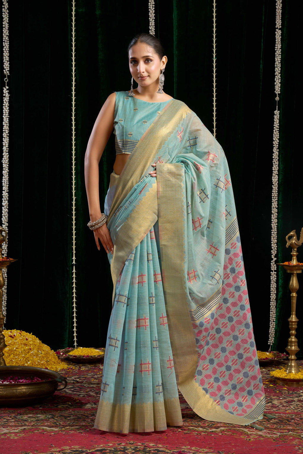 Jyoti Fashion Women's Turquoise Soft Spun Cotton Zari Woven Saree with Blouse