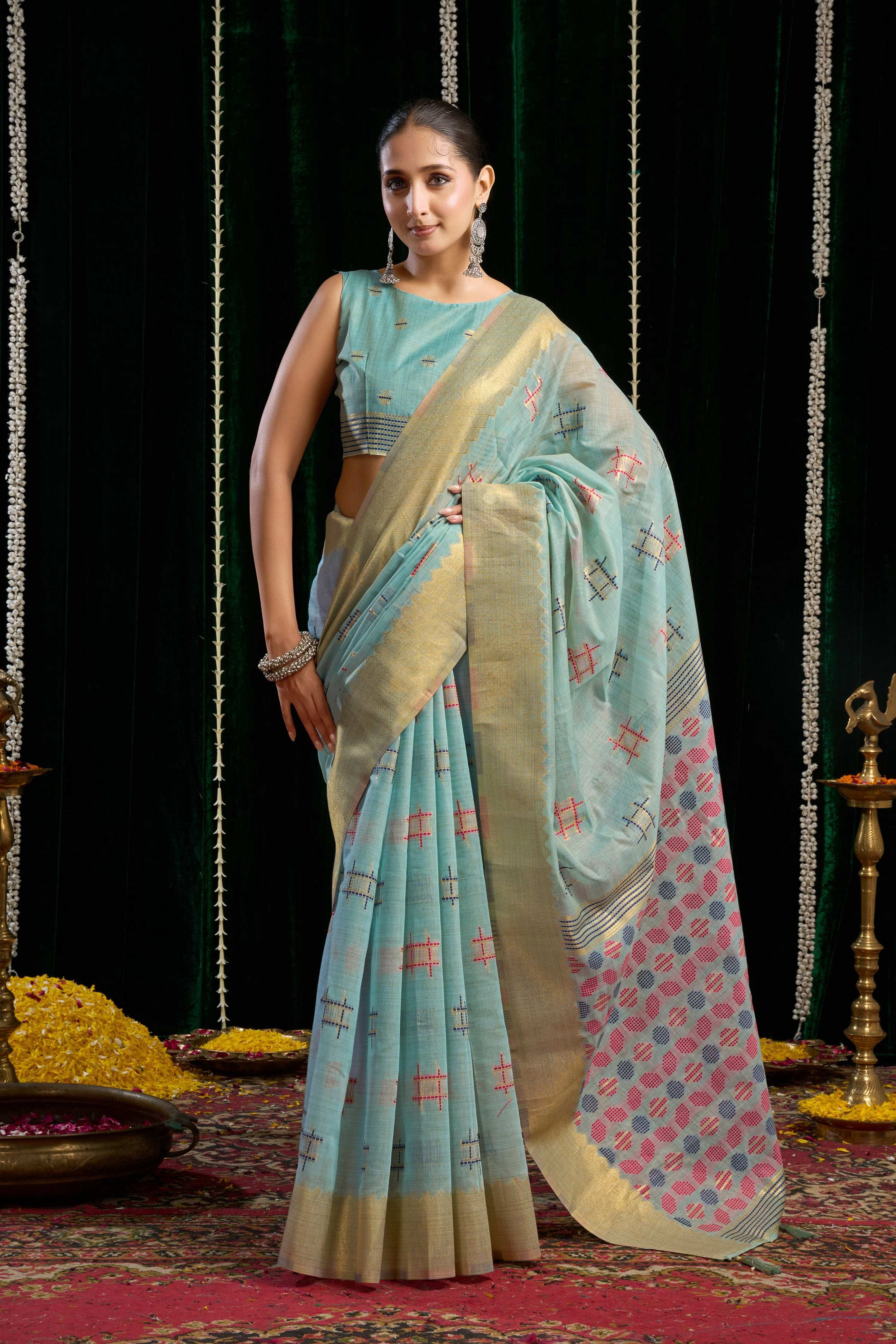Jyoti Fashion Women's Turquoise Soft Spun Cotton Zari Woven Saree with Blouse