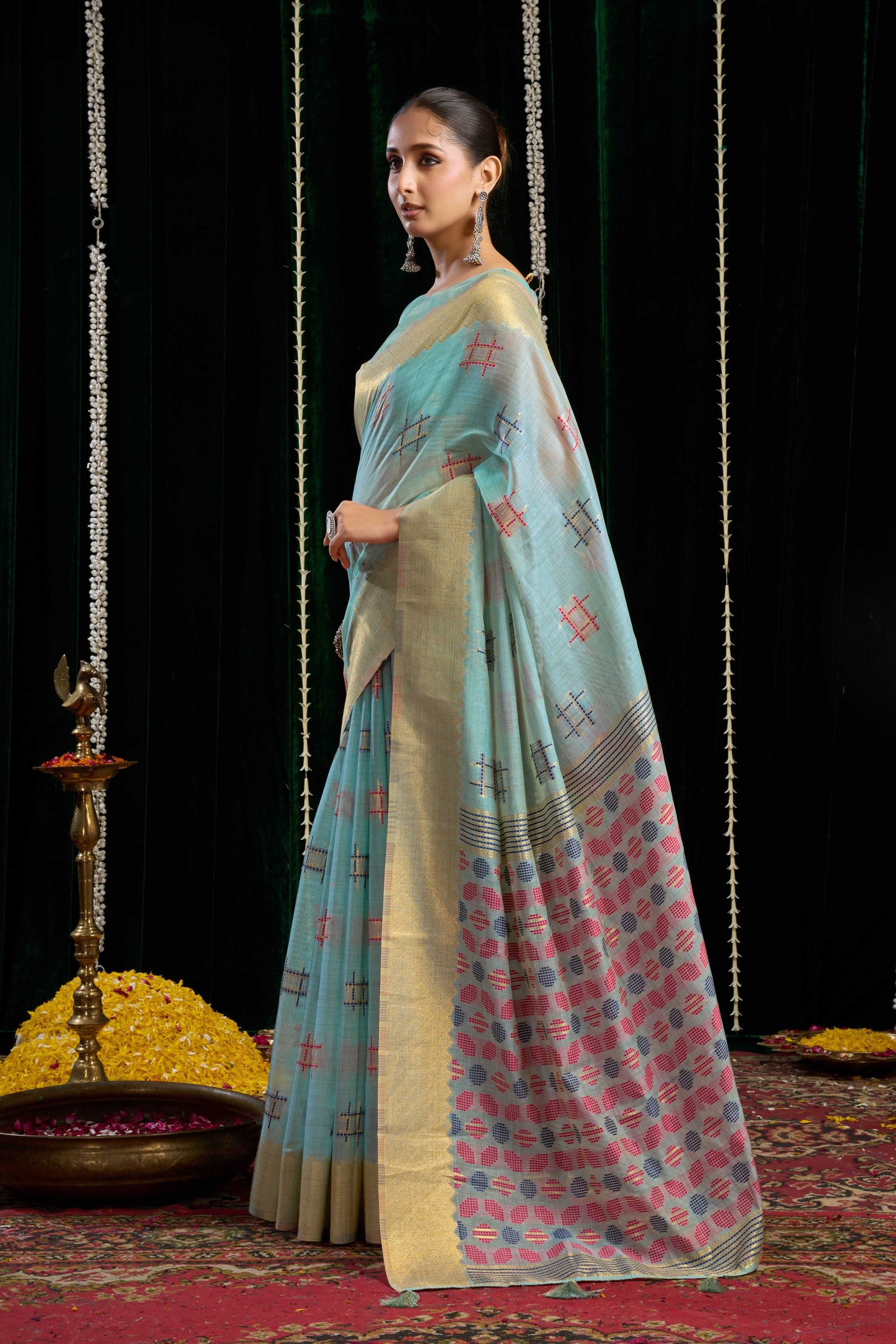 Jyoti Fashion Women's Turquoise Soft Spun Cotton Zari Woven Saree with Blouse