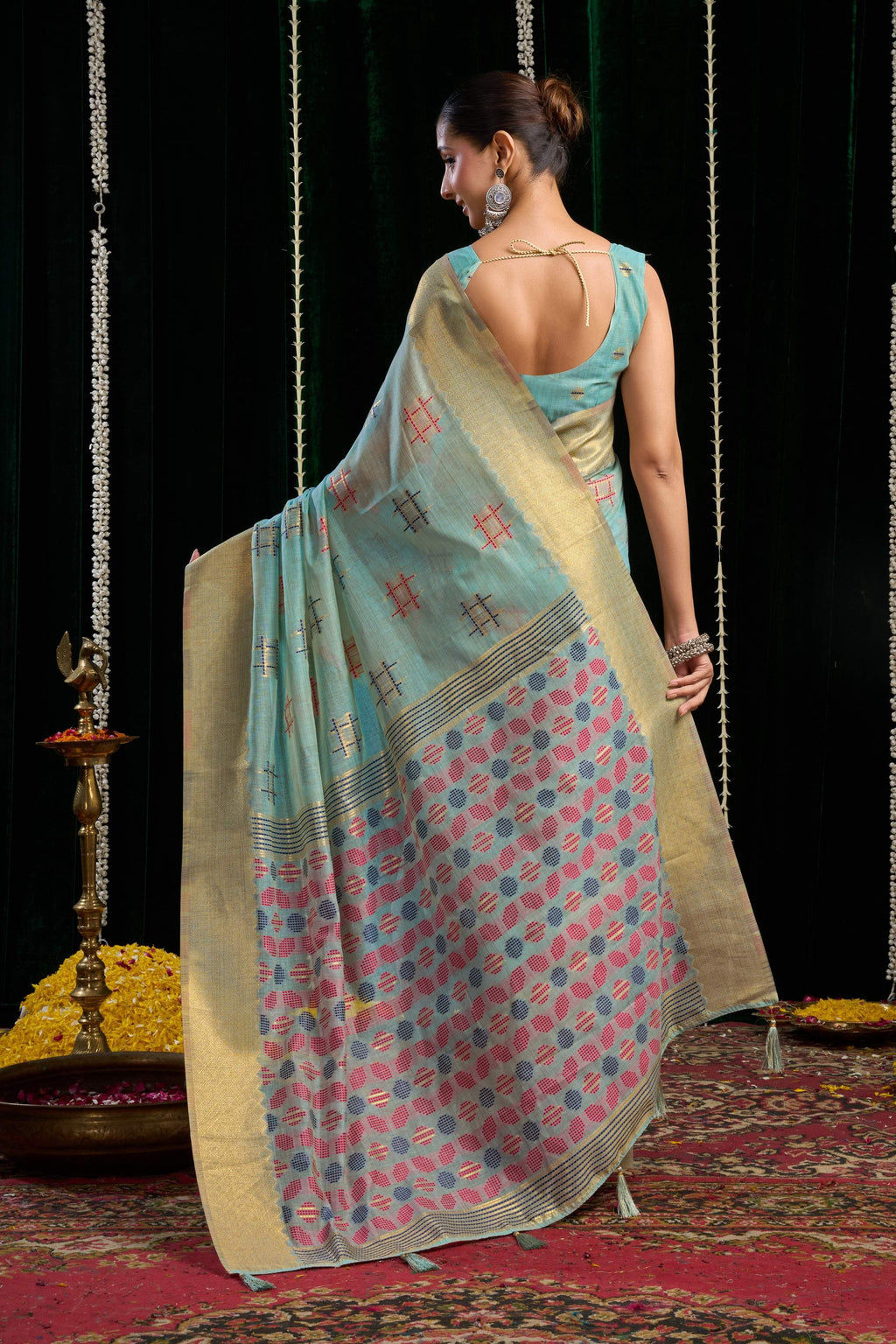 Jyoti Fashion Women's Turquoise Soft Spun Cotton Zari Woven Saree with Blouse