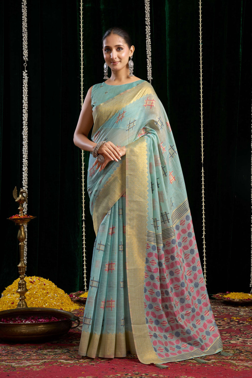 Jyoti Fashion Women's Turquoise Soft Spun Cotton Zari Woven Saree with Blouse