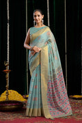Jyoti Fashion Women's Turquoise Soft Spun Cotton Zari Woven Saree with Blouse