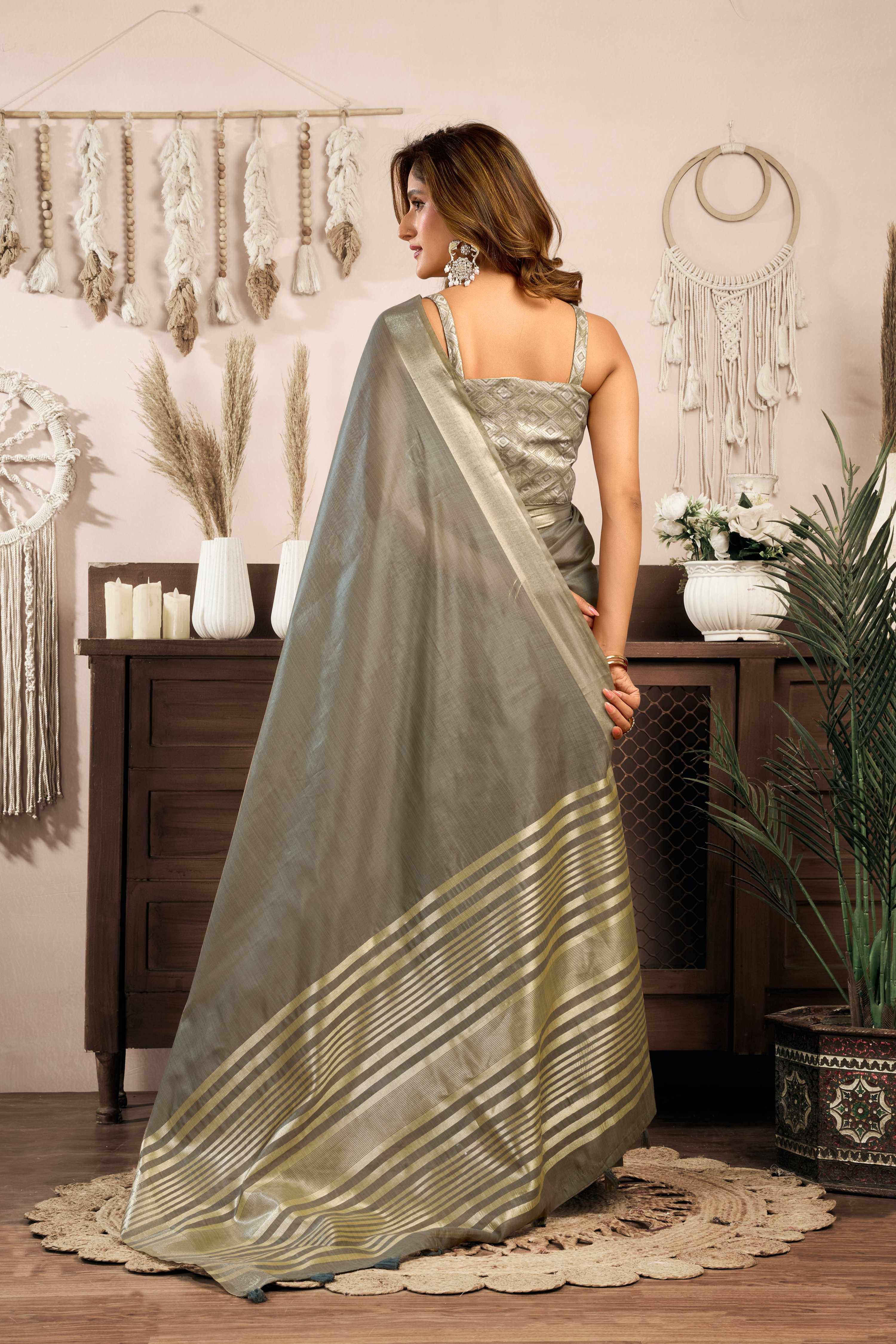Jyoti Fashion Women's Grey Khadi Cotton Zari Woven Saree with Blouse
