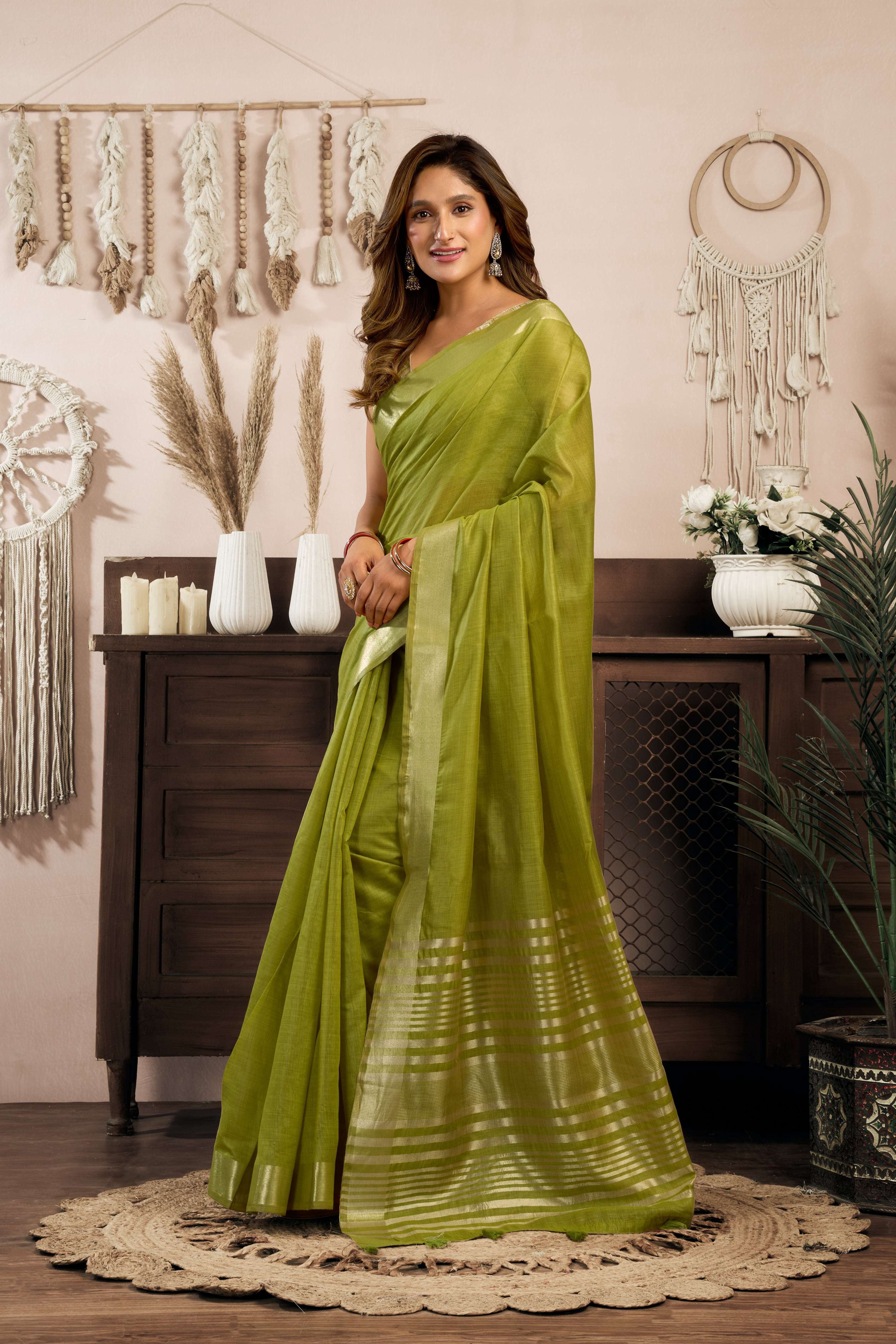 Jyoti Fashion Women's Green Khadi Cotton Zari Woven Saree with Blouse