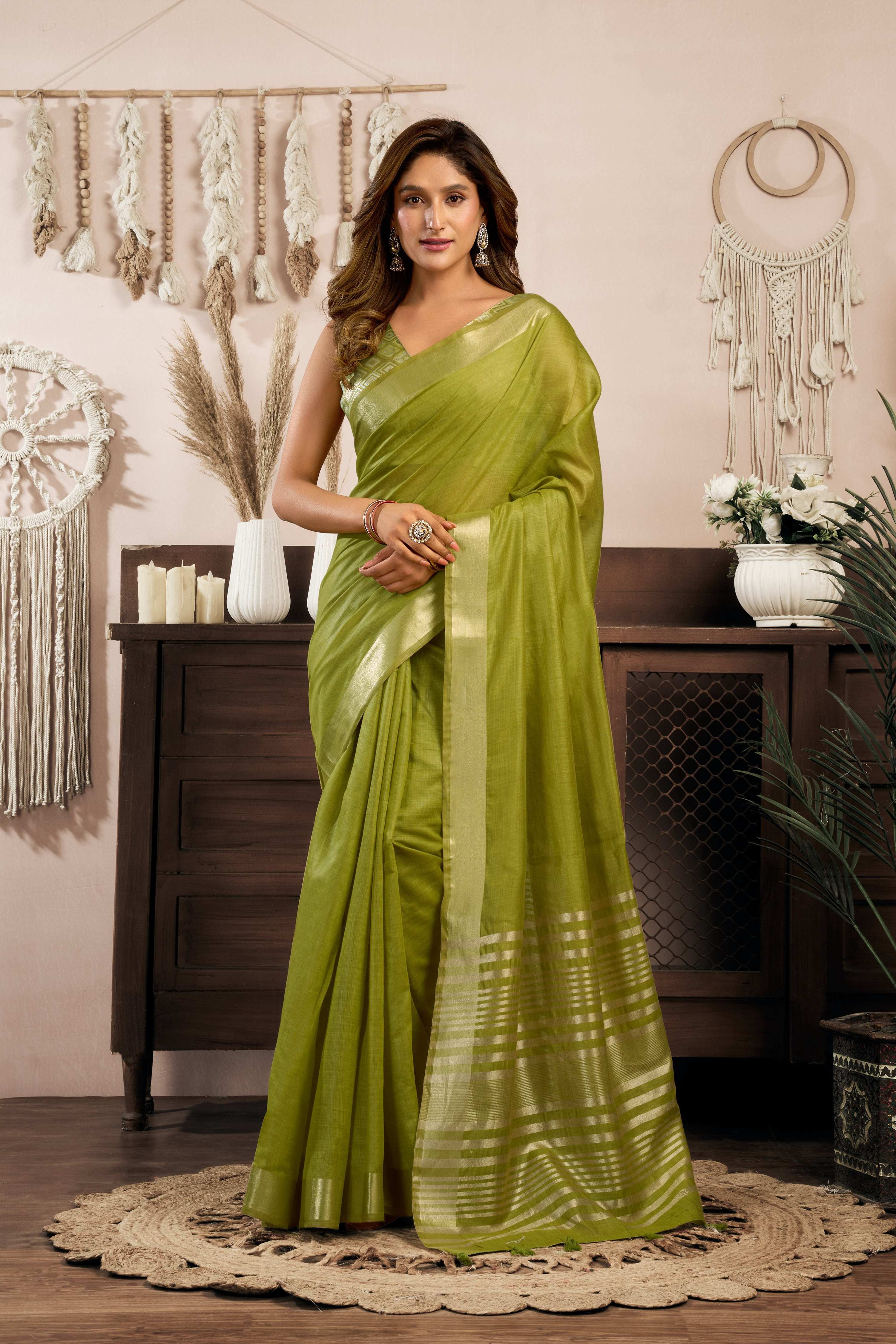 Jyoti Fashion Women's Green Khadi Cotton Zari Woven Saree with Blouse