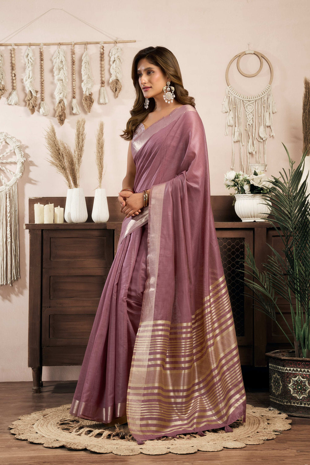 Jyoti Fashion Women's Wine Khadi Cotton Zari Woven Saree with Blouse