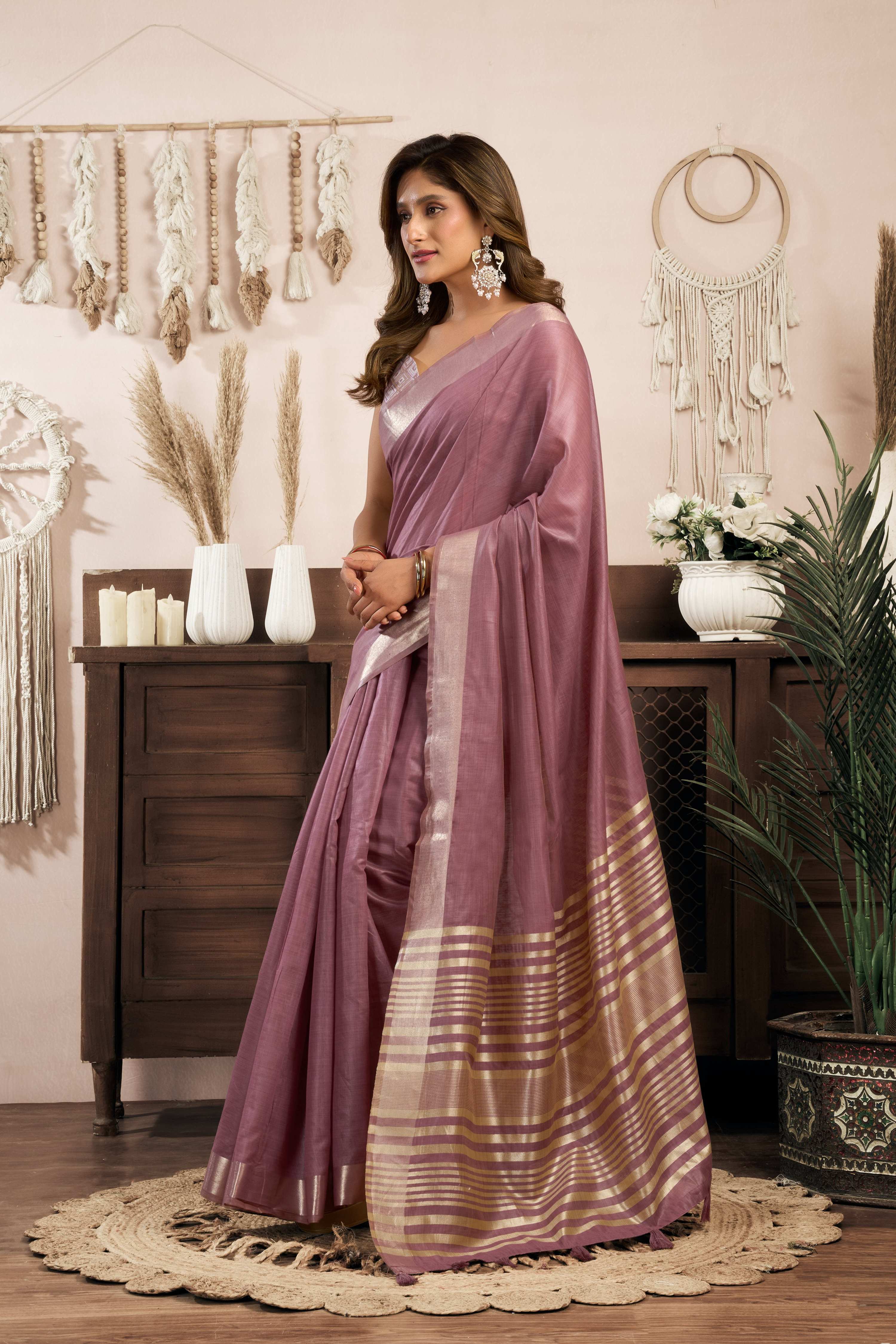 Jyoti Fashion Women's Wine Khadi Cotton Zari Woven Saree with Blouse