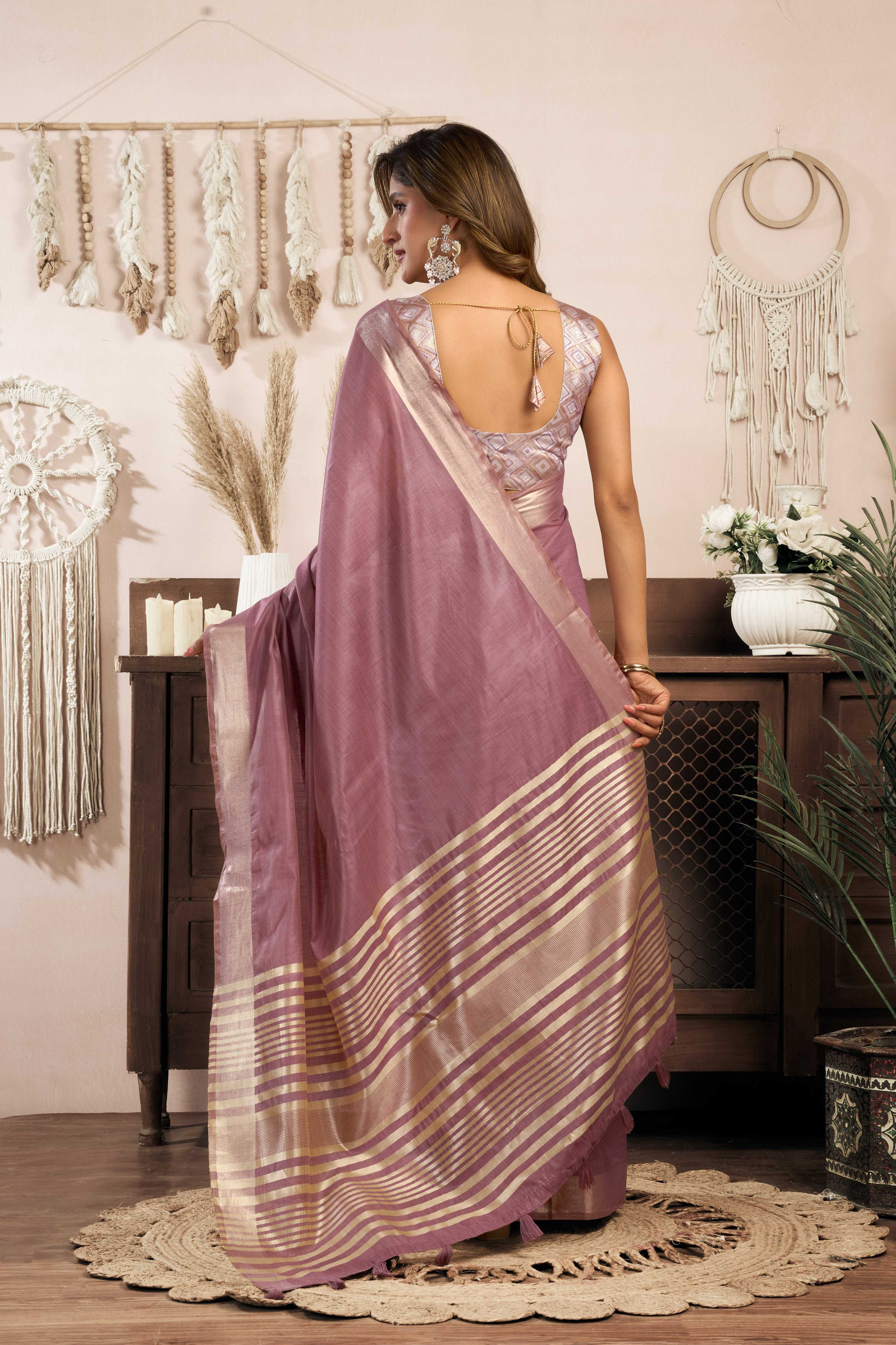 Jyoti Fashion Women's Wine Khadi Cotton Zari Woven Saree with Blouse