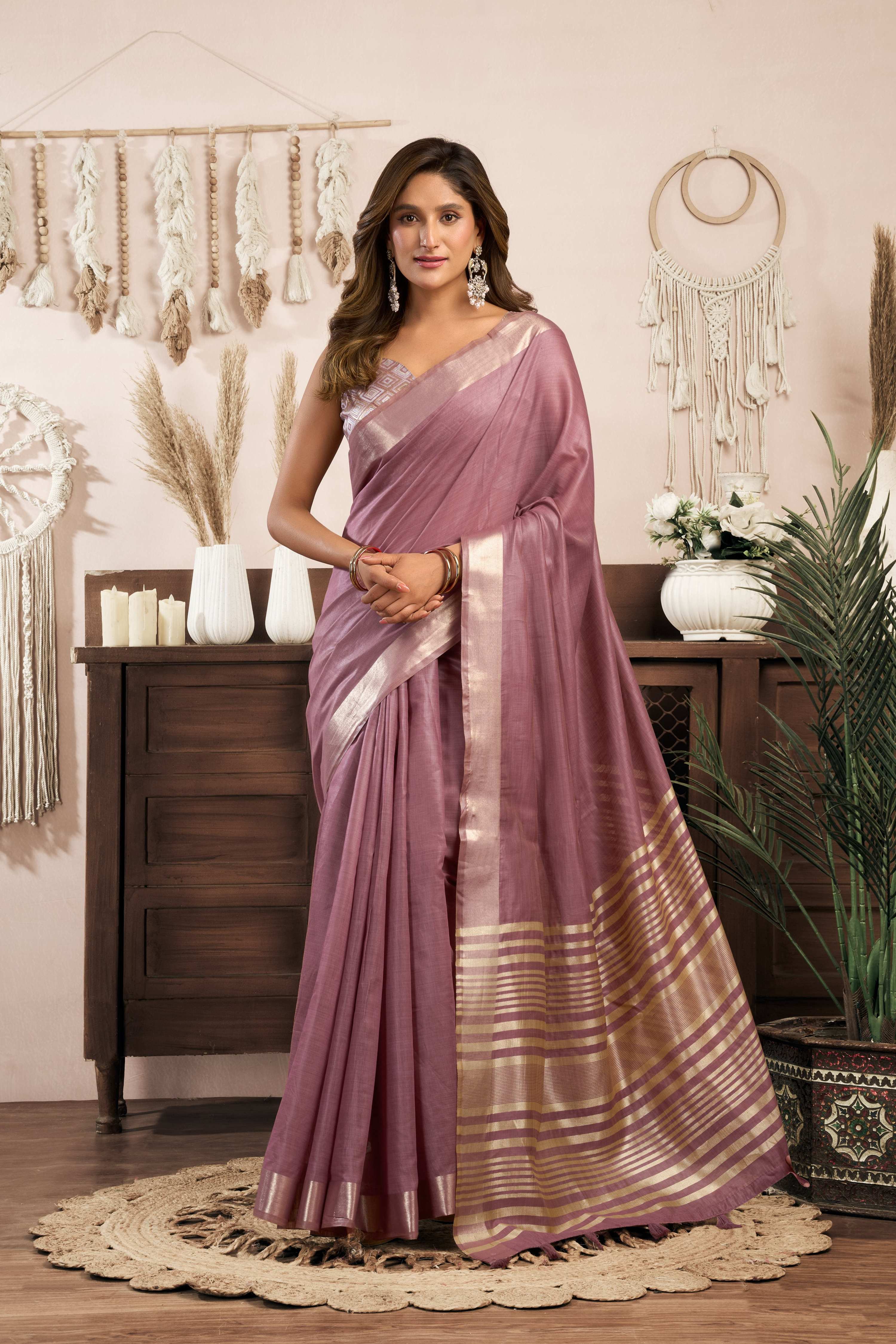 Jyoti Fashion Women's Wine Khadi Cotton Zari Woven Saree with Blouse