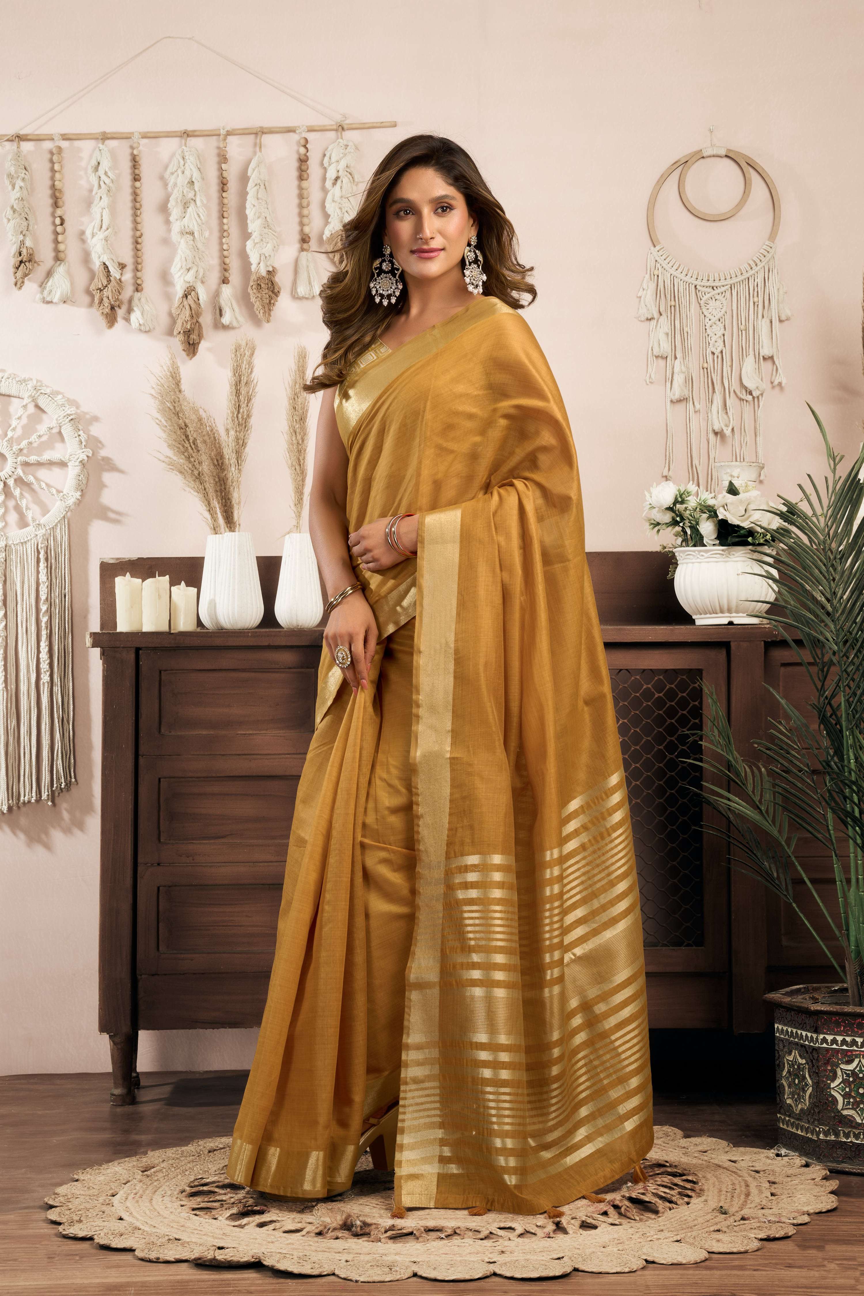 Jyoti Fashion Women's Mustard Khadi Cotton Zari Woven Saree with Blouse