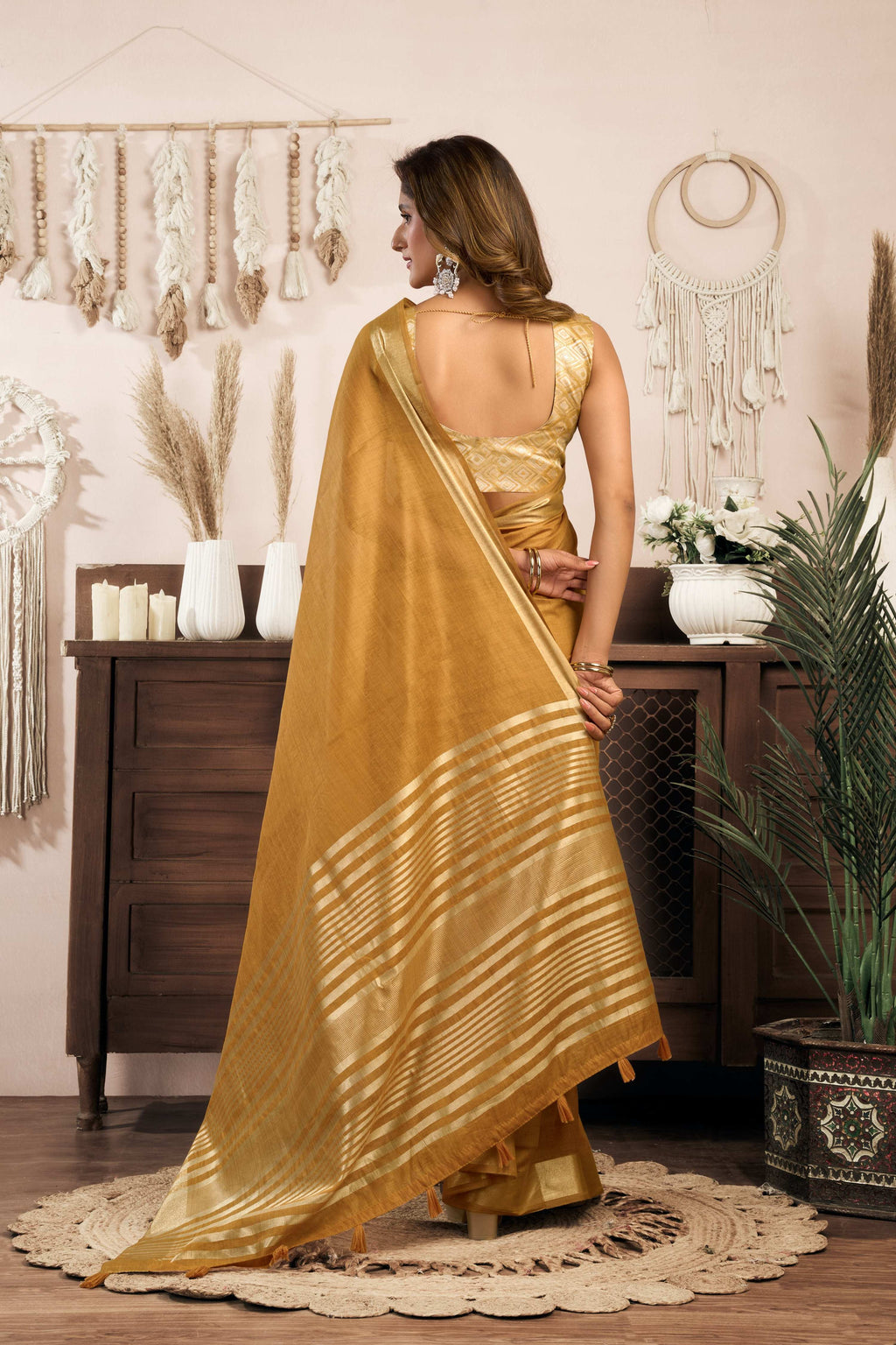 Jyoti Fashion Women's Mustard Khadi Cotton Zari Woven Saree with Blouse
