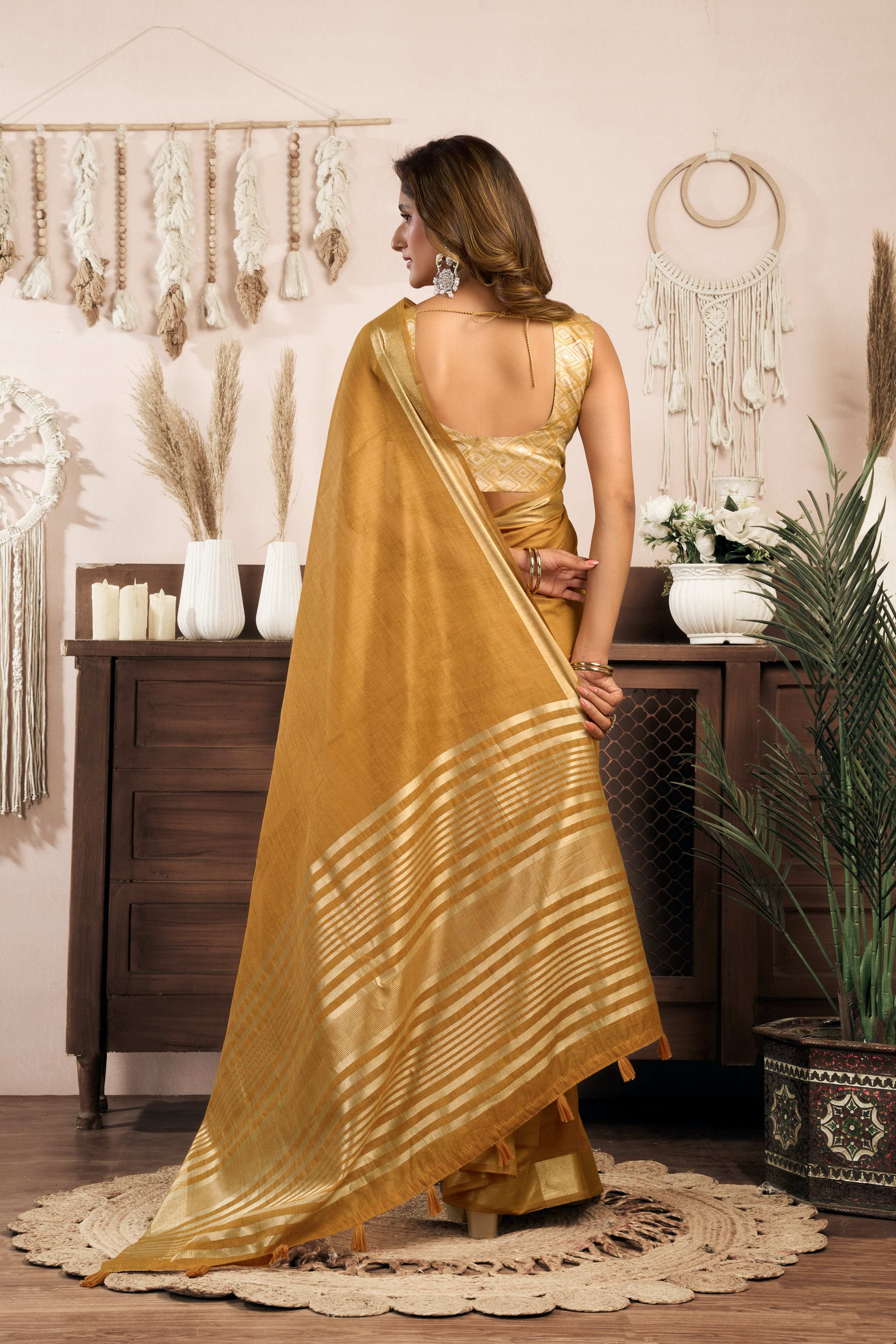 Jyoti Fashion Women's Mustard Khadi Cotton Zari Woven Saree with Blouse