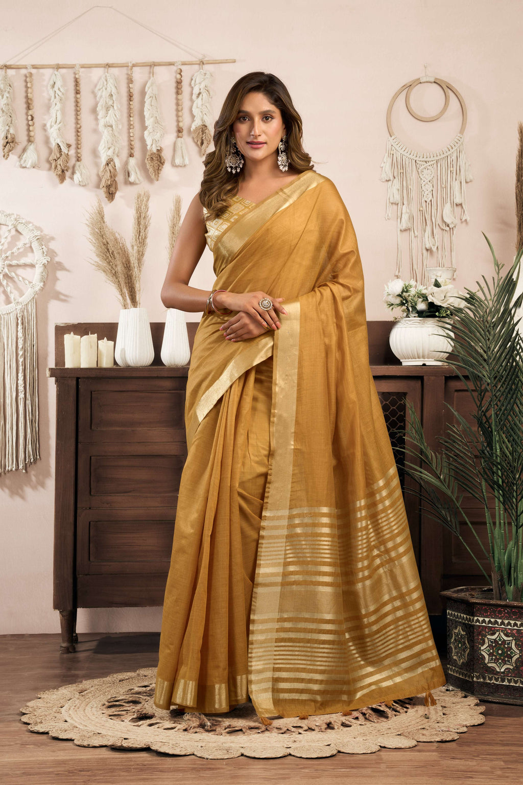 Jyoti Fashion Women's Mustard Khadi Cotton Zari Woven Saree with Blouse