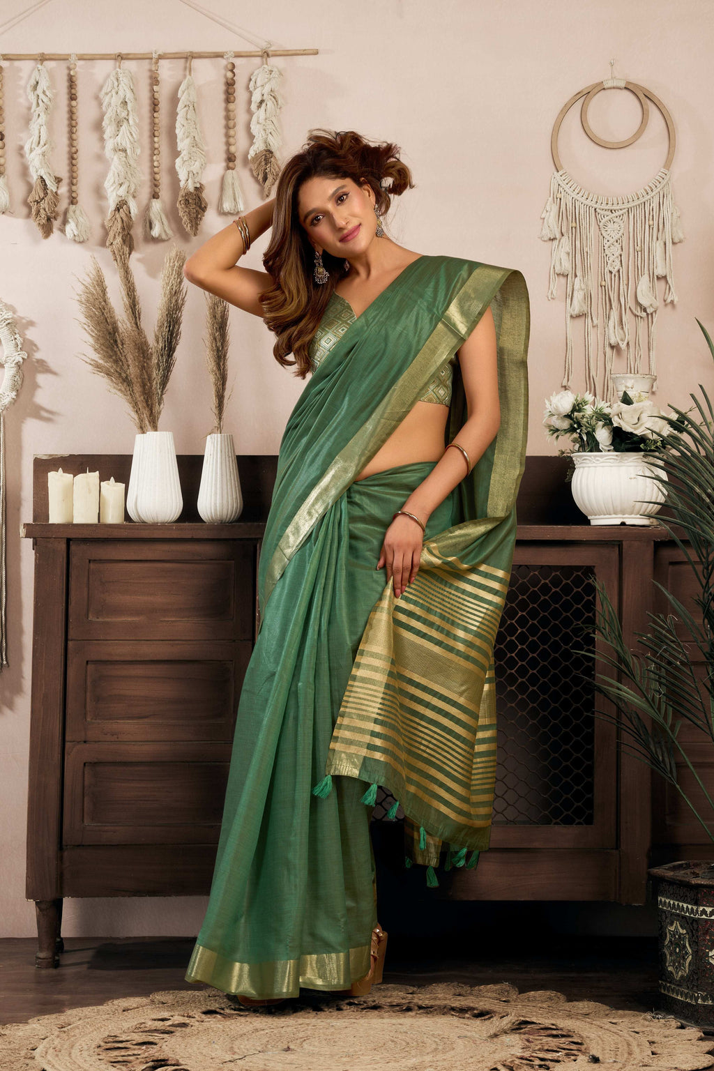 Jyoti Fashion Women's Bottle Green Khadi Cotton Zari Woven Saree with Blouse
