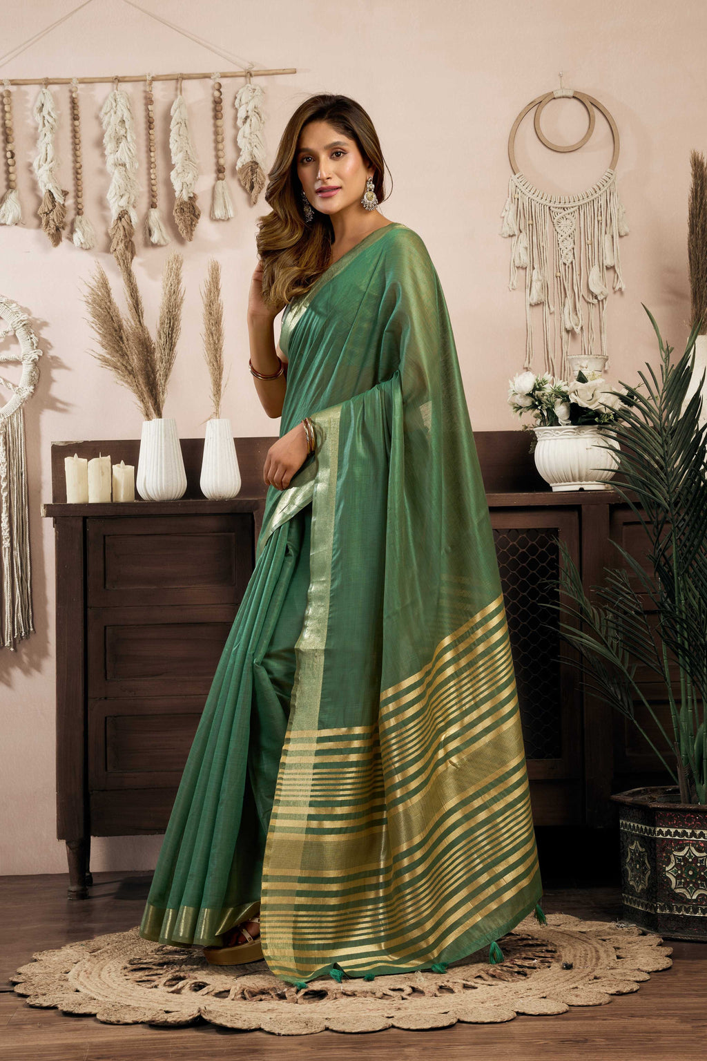 Jyoti Fashion Women's Bottle Green Khadi Cotton Zari Woven Saree with Blouse