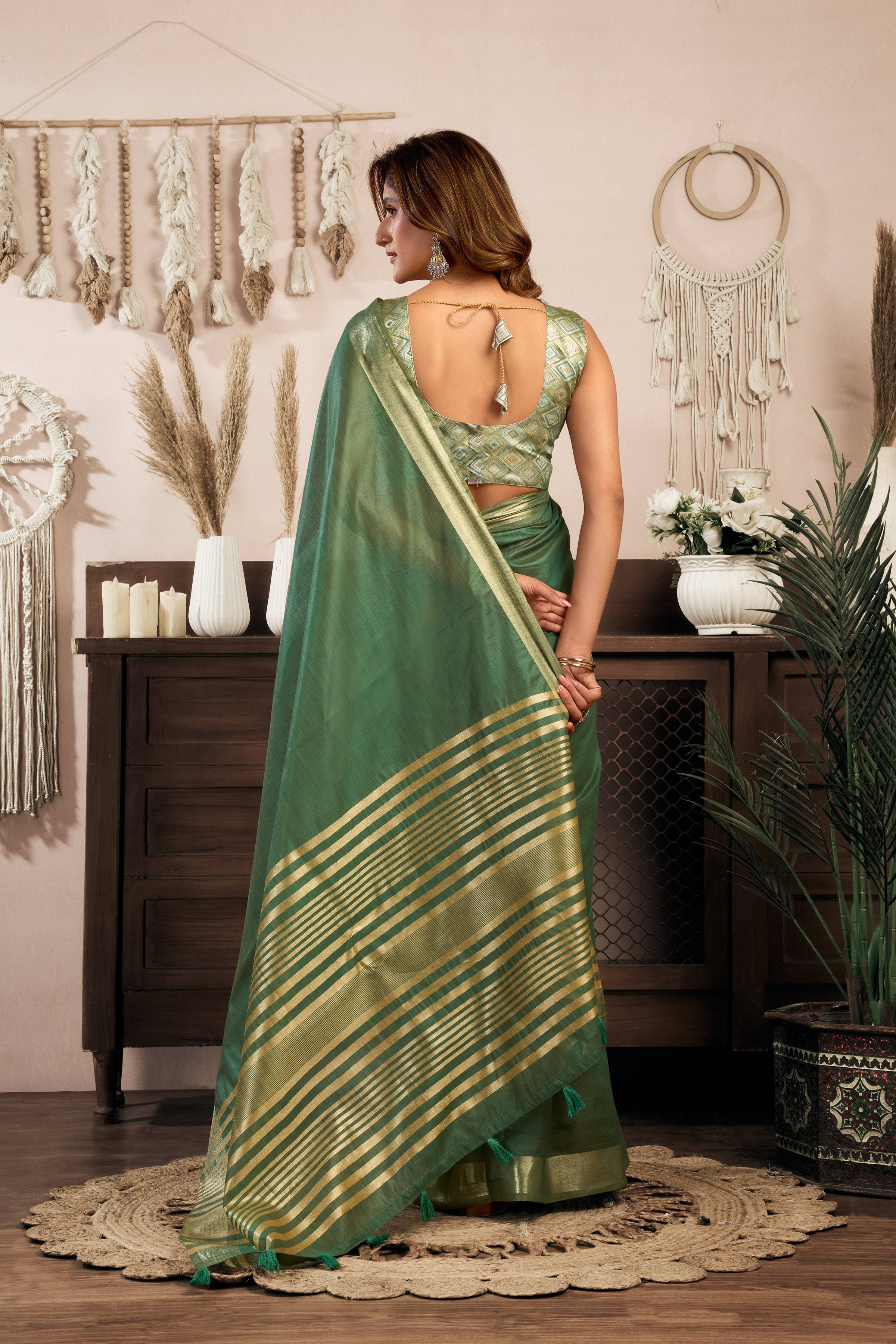 Jyoti Fashion Women's Bottle Green Khadi Cotton Zari Woven Saree with Blouse