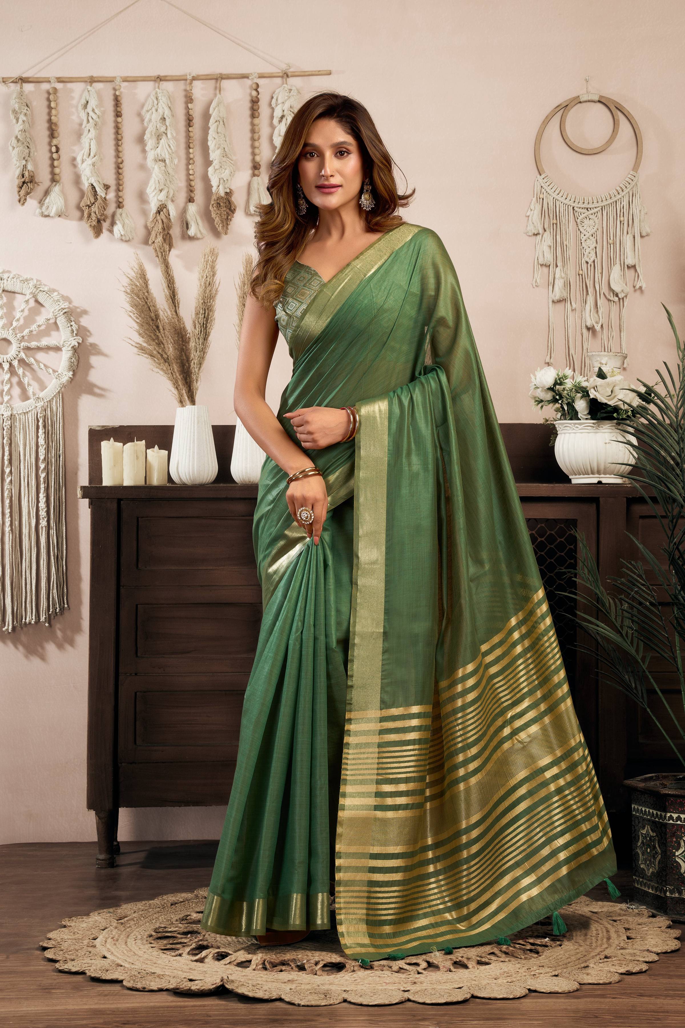 Jyoti Fashion Women's Bottle Green Khadi Cotton Zari Woven Saree with Blouse