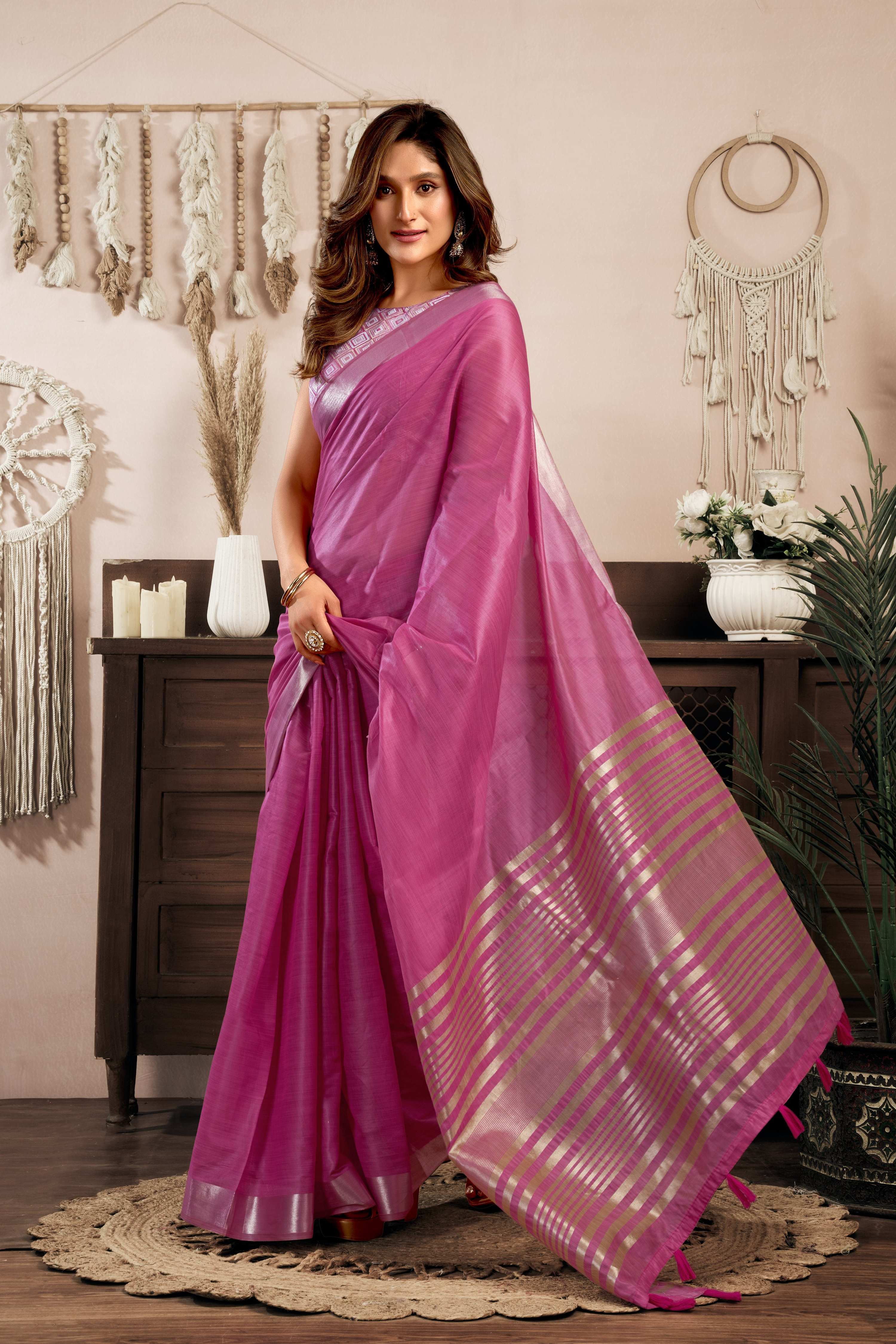 Jyoti Fashion Women's Magenta Khadi Cotton Zari Woven Saree with Blouse