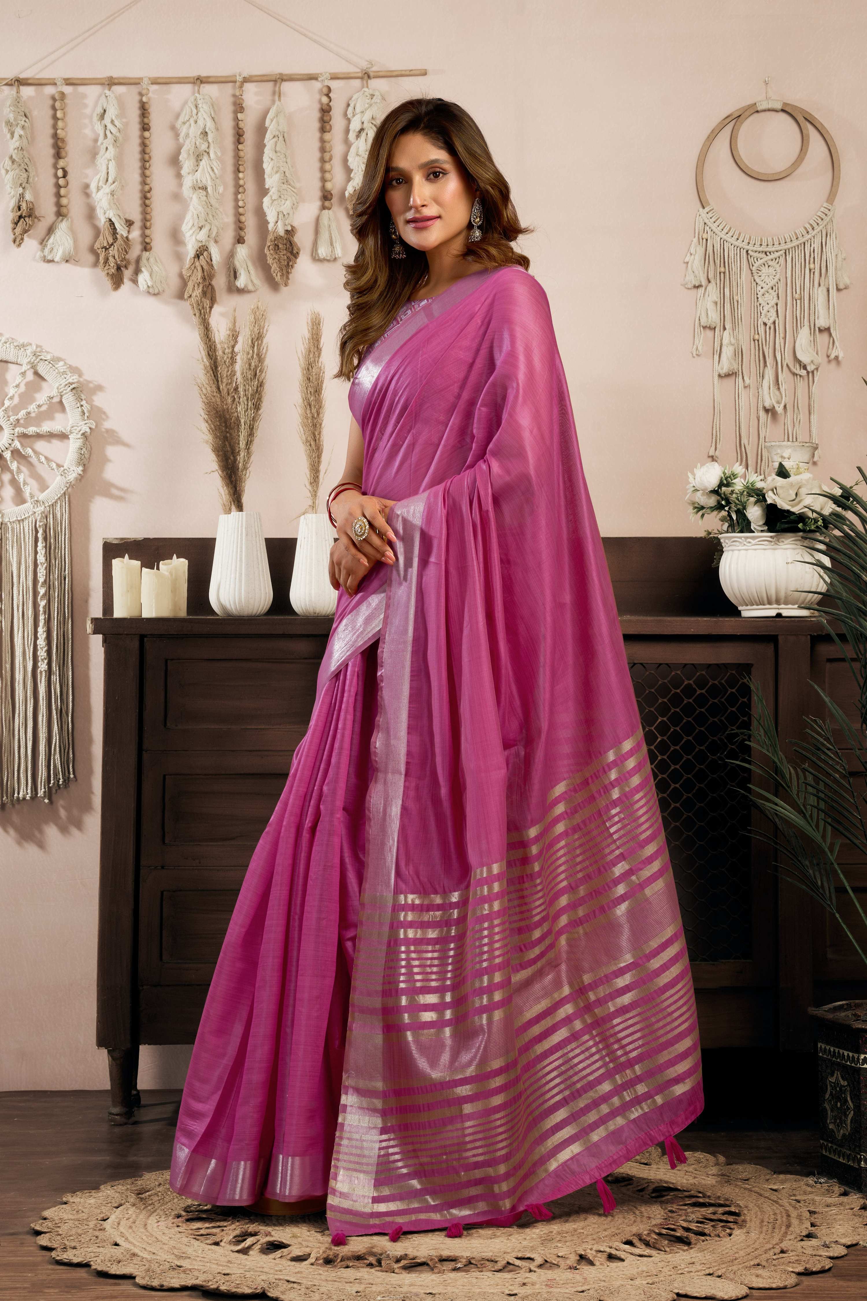 Jyoti Fashion Women's Magenta Khadi Cotton Zari Woven Saree with Blouse