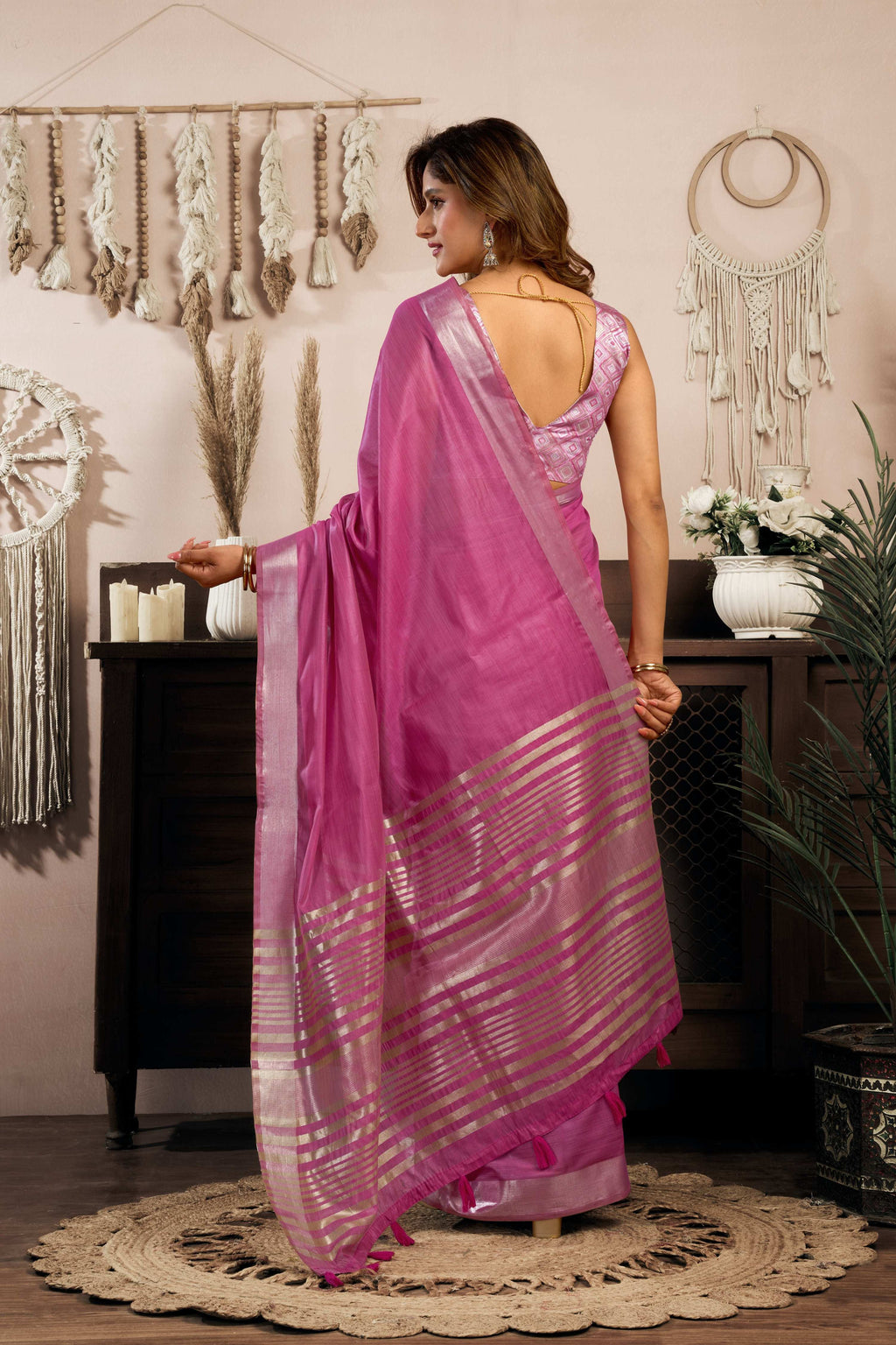 Jyoti Fashion Women's Magenta Khadi Cotton Zari Woven Saree with Blouse