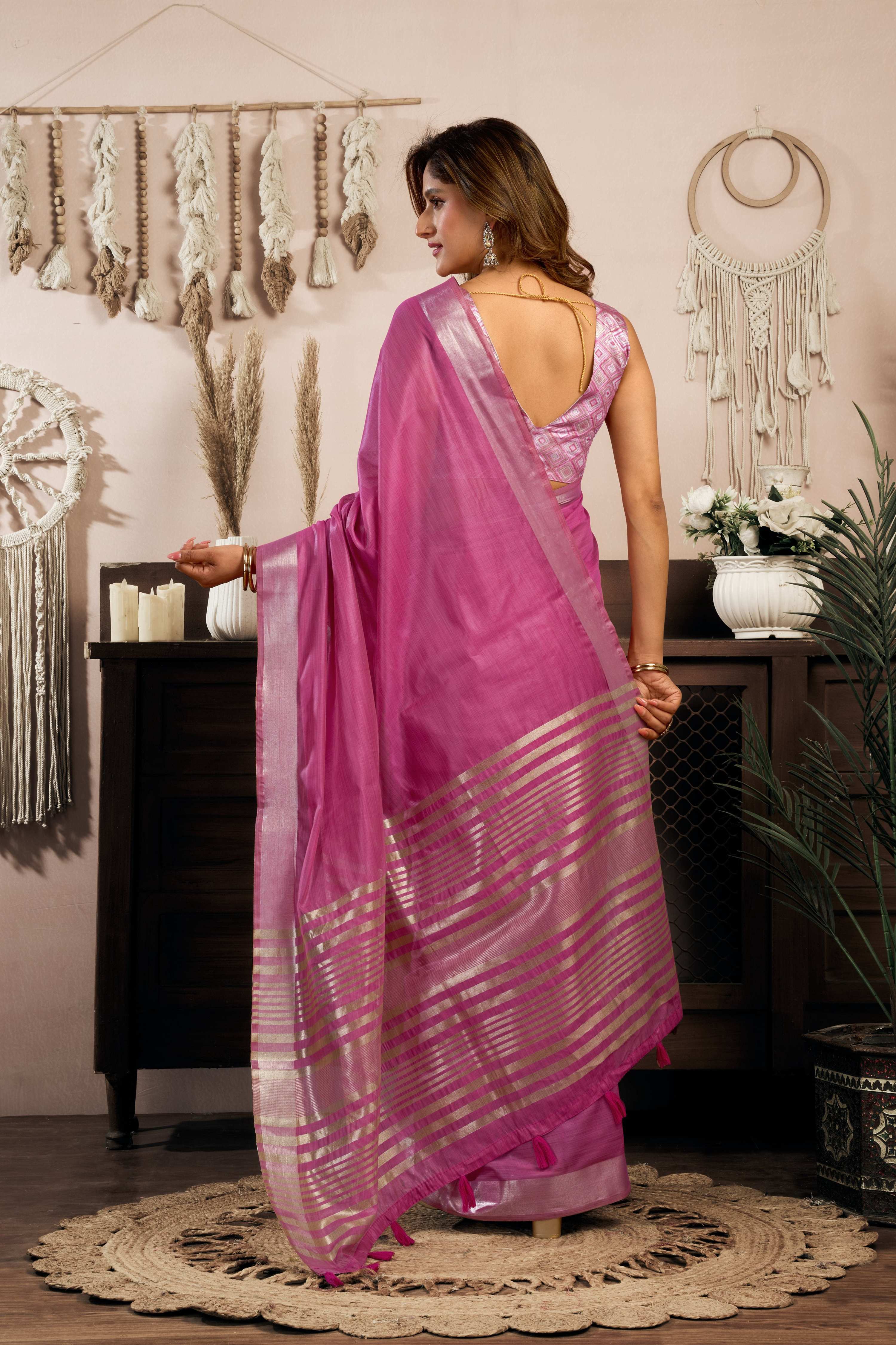 Jyoti Fashion Women's Magenta Khadi Cotton Zari Woven Saree with Blouse