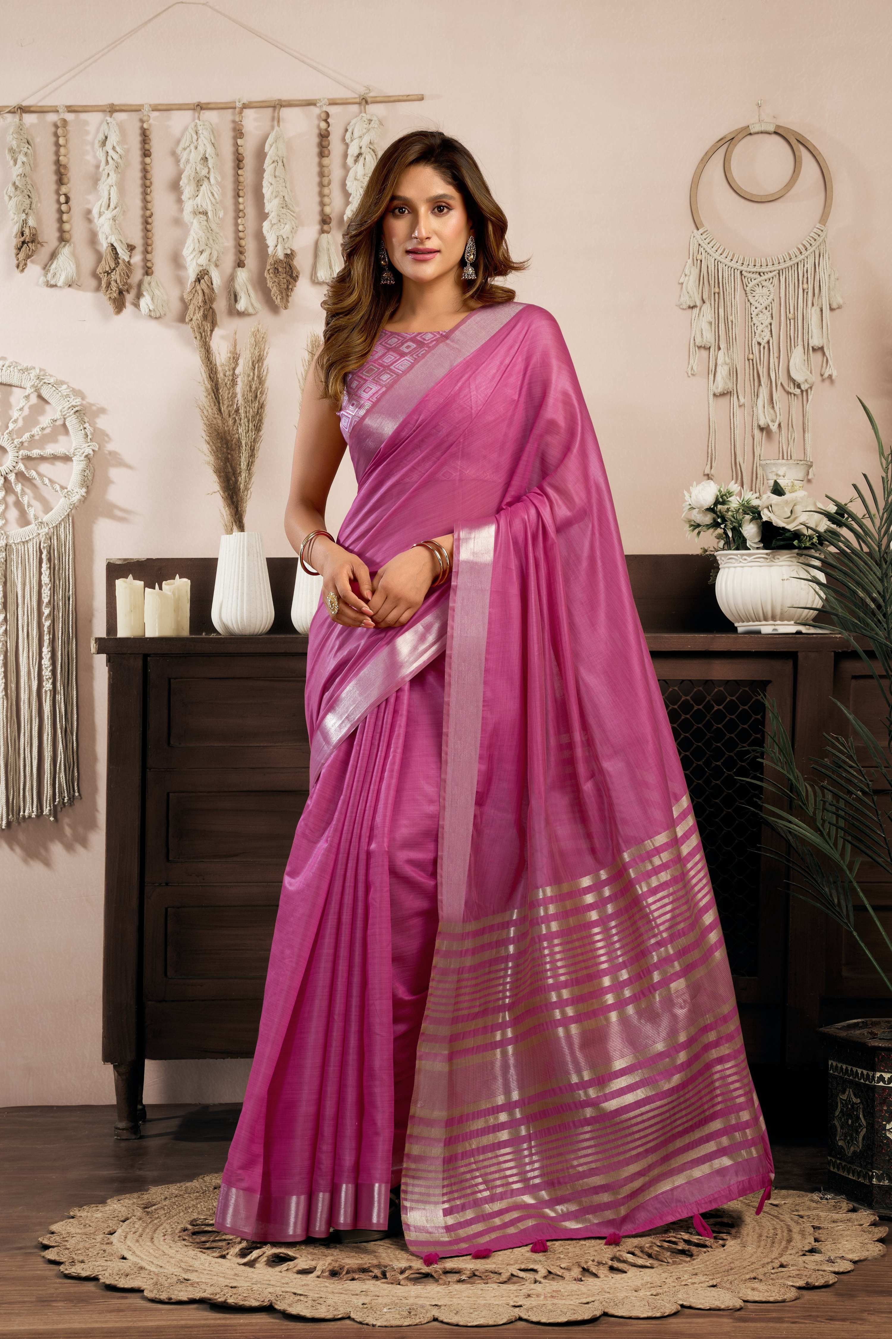 Jyoti Fashion Women's Magenta Khadi Cotton Zari Woven Saree with Blouse
