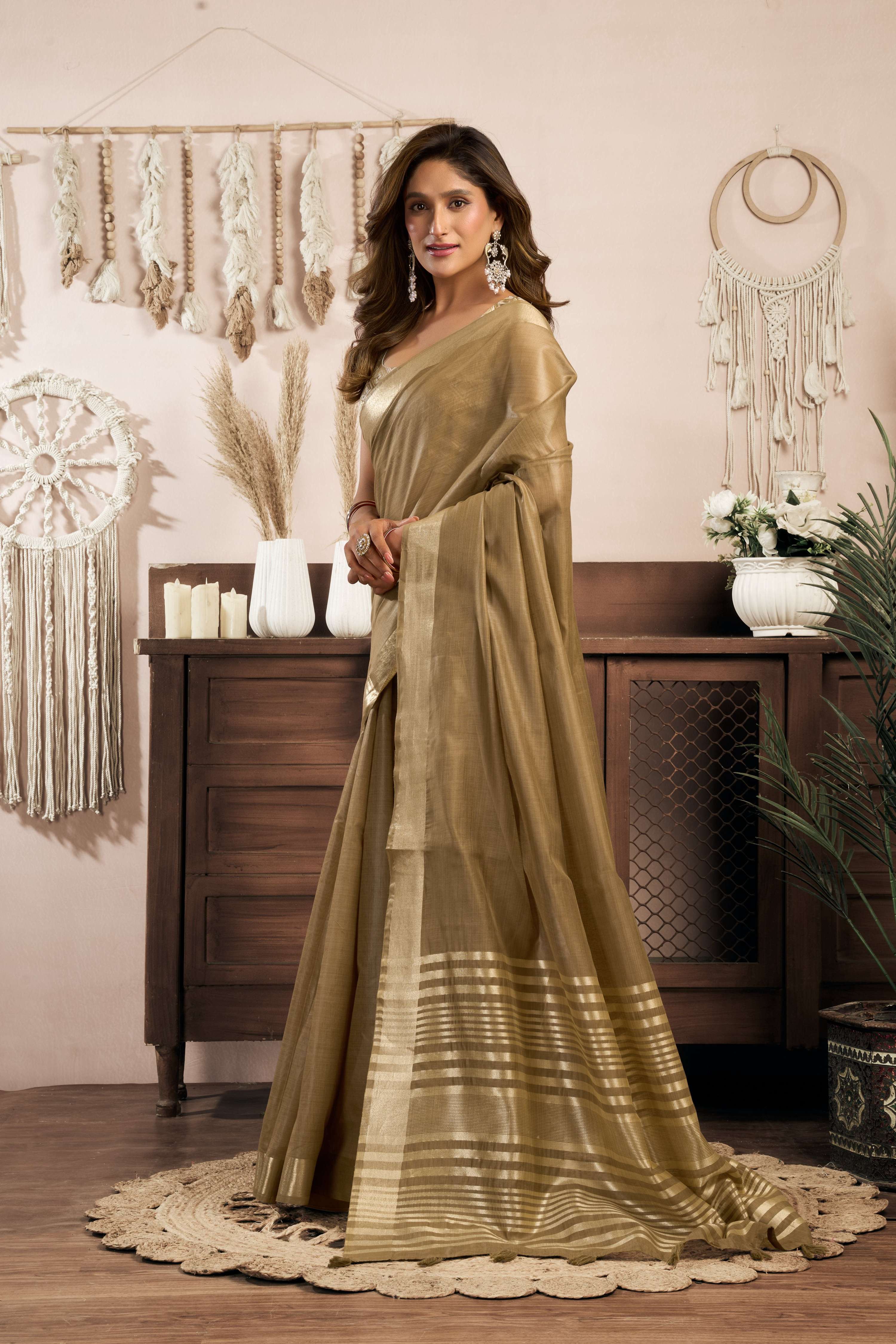 Jyoti Fashion Women's Beige Khadi Cotton Zari Woven Saree with Blouse