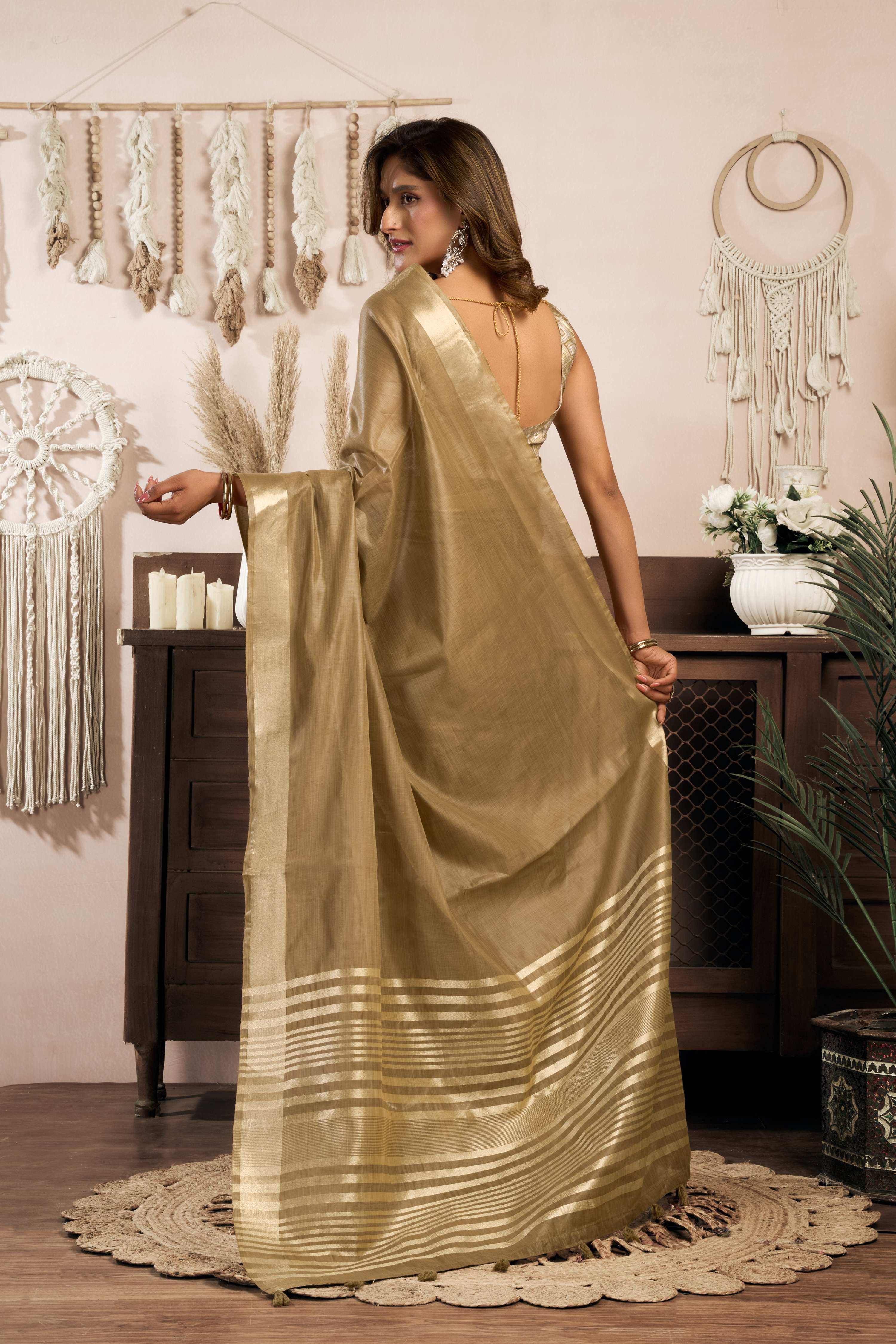 Jyoti Fashion Women's Beige Khadi Cotton Zari Woven Saree with Blouse