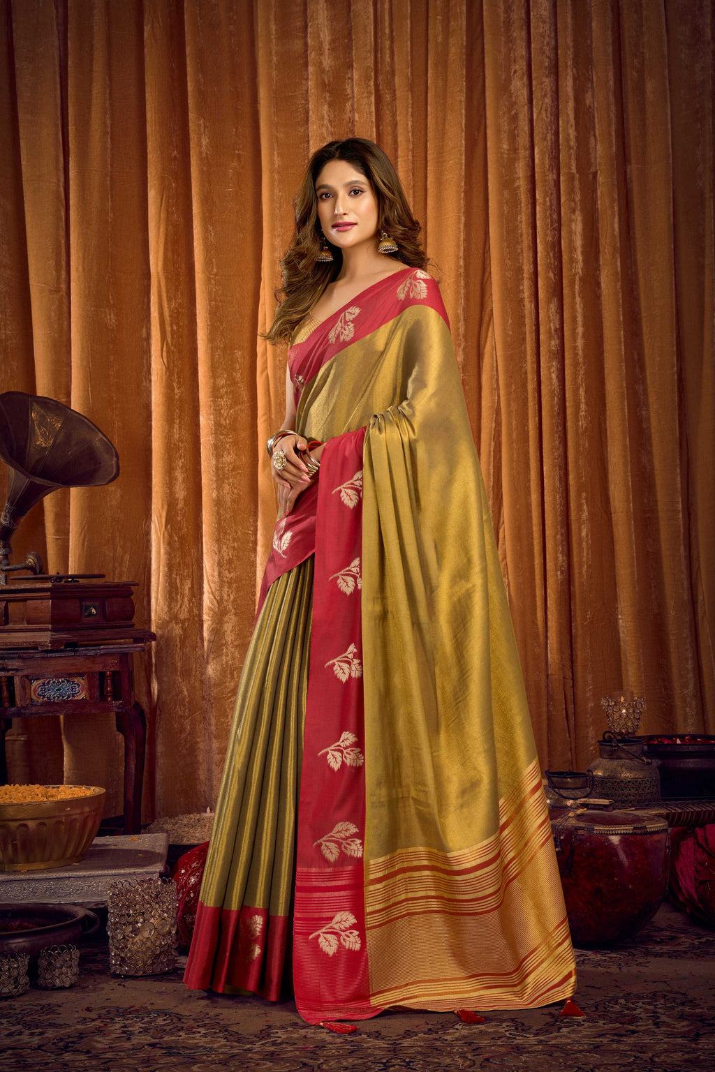 Jyoti Fashion Women's Mehendi Soft Tissue Zari Woven Saree with Blouse