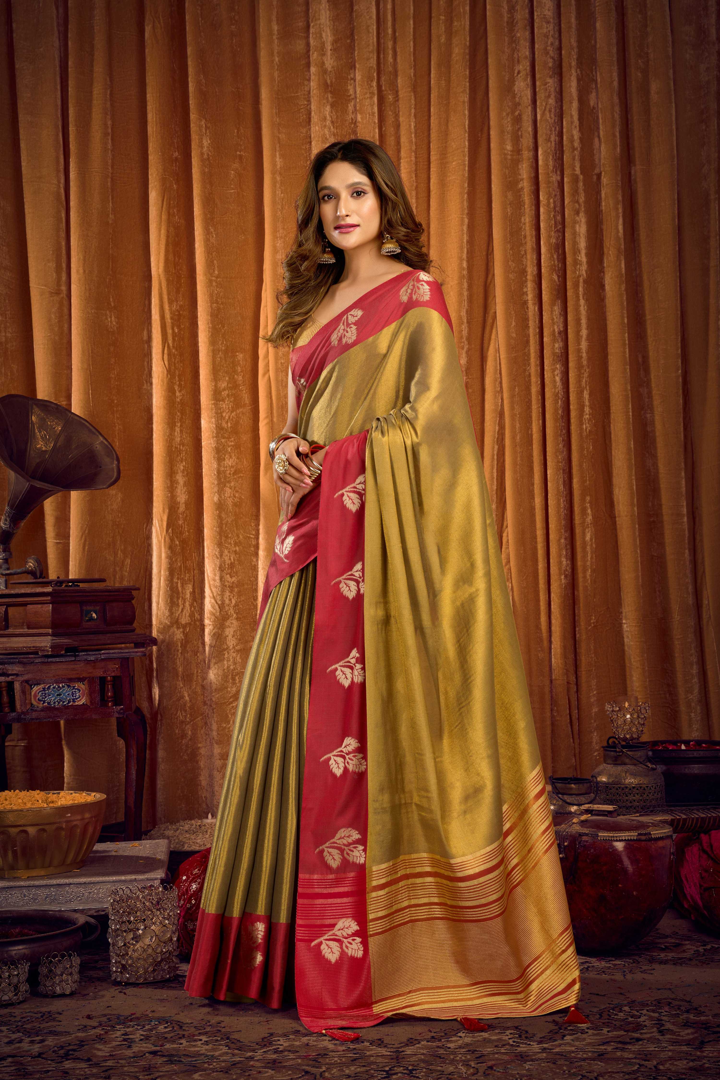Jyoti Fashion Women's Mehendi Soft Tissue Zari Woven Saree with Blouse