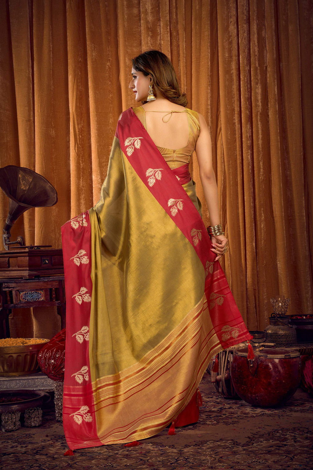 Jyoti Fashion Women's Mehendi Soft Tissue Zari Woven Saree with Blouse