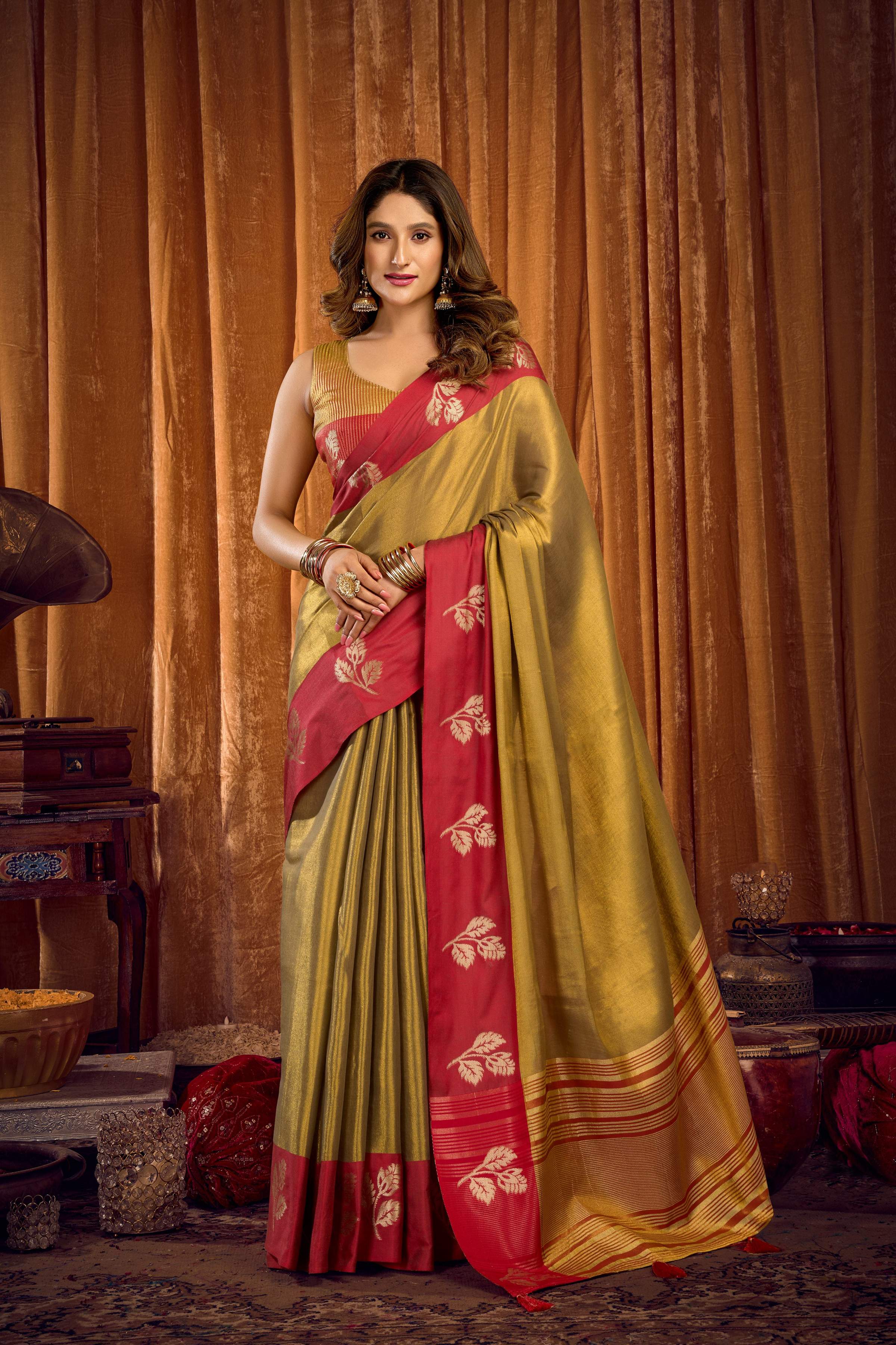 Jyoti Fashion Women's Mehendi Soft Tissue Zari Woven Saree with Blouse
