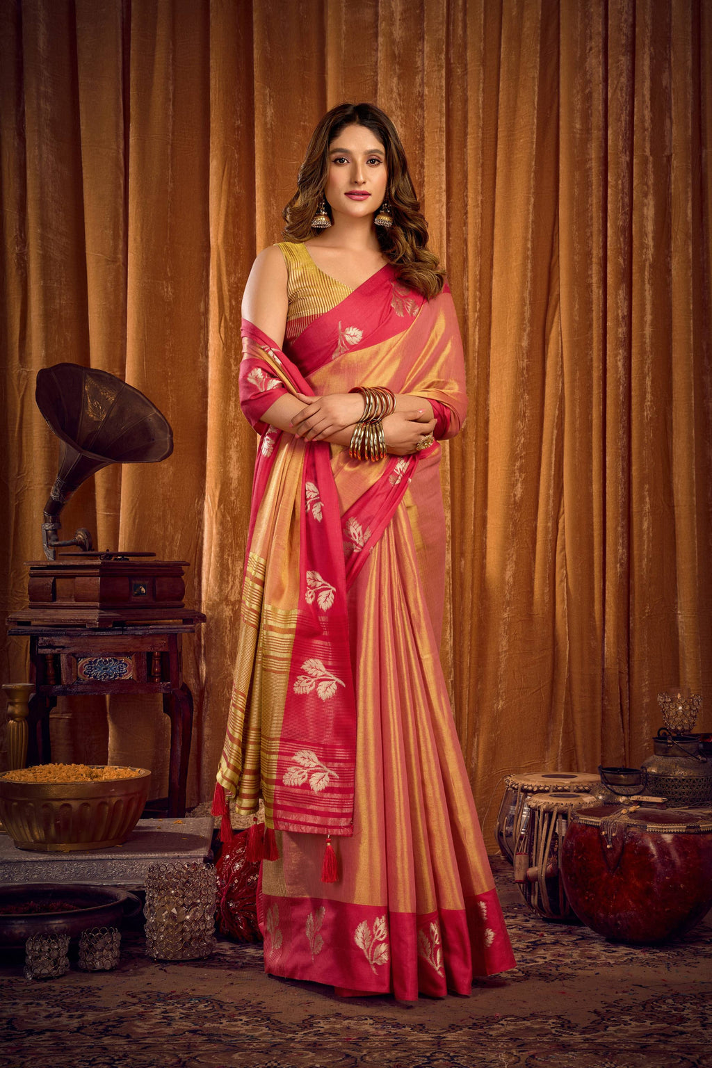 Jyoti Fashion Women's Peach Soft Tissue Zari Woven Saree with Blouse