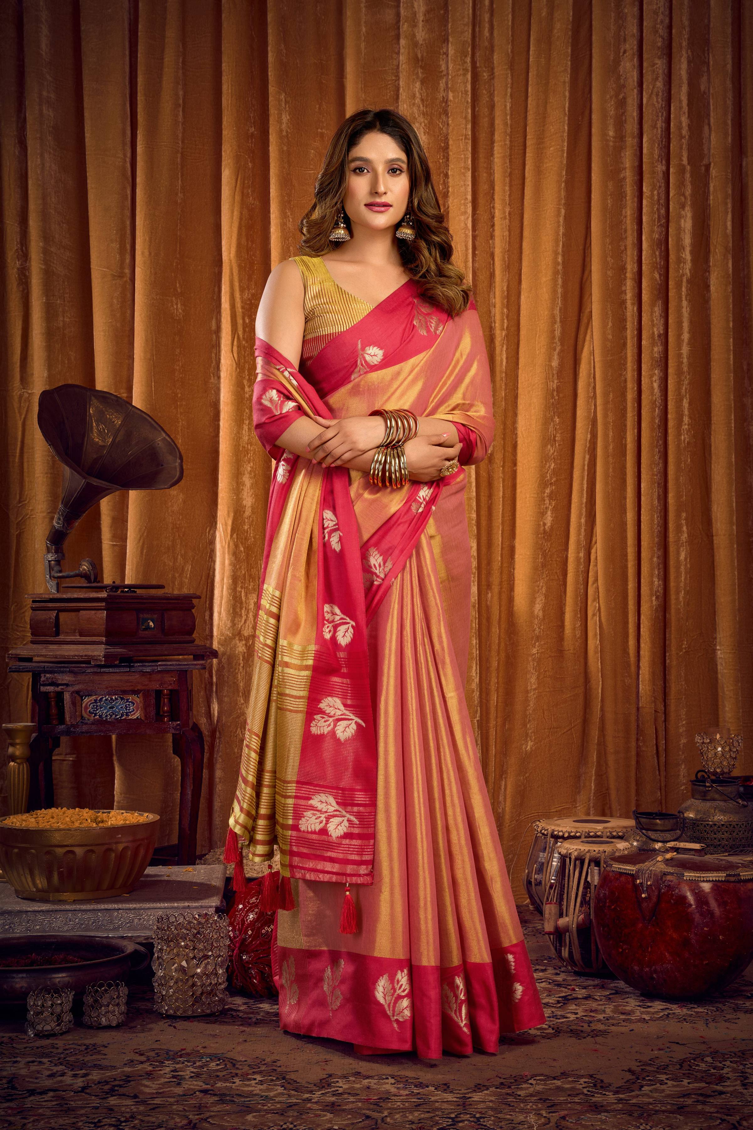Jyoti Fashion Women's Peach Soft Tissue Zari Woven Saree with Blouse