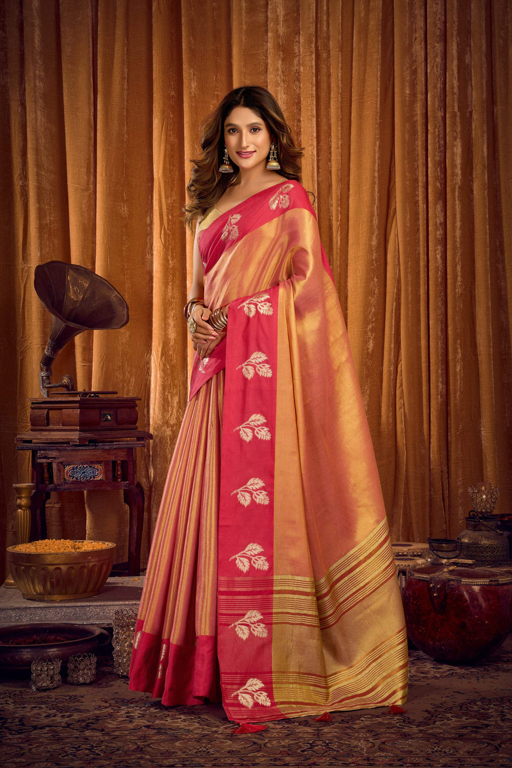 Jyoti Fashion Women's Peach Soft Tissue Zari Woven Saree with Blouse