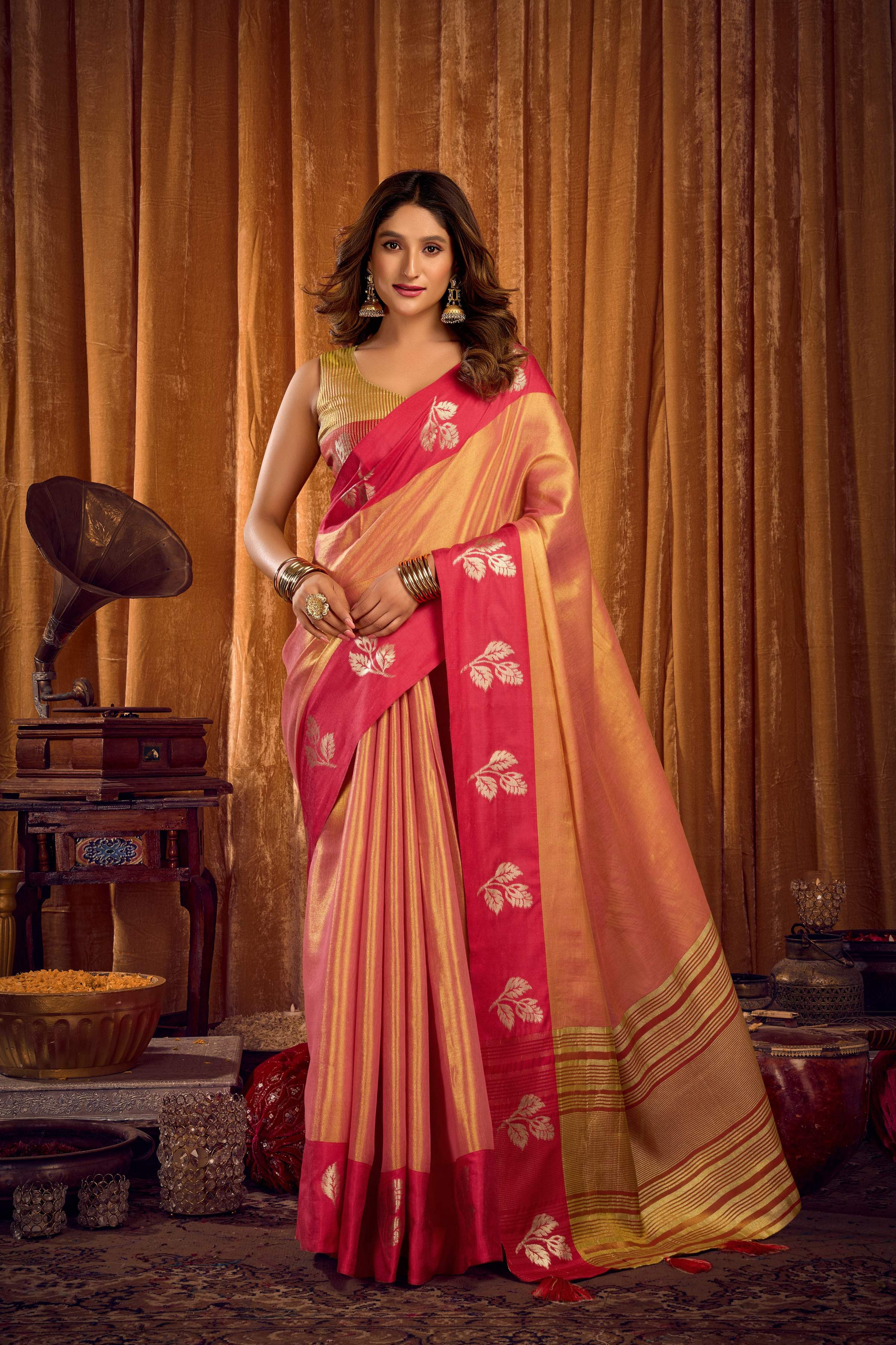 Jyoti Fashion Women's Peach Soft Tissue Zari Woven Saree with Blouse