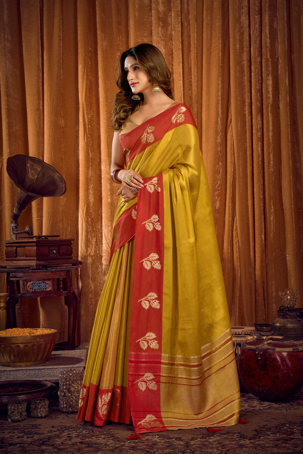 Jyoti Fashion Women's Parrot Green Soft Tissue Zari Woven Saree with Blouse