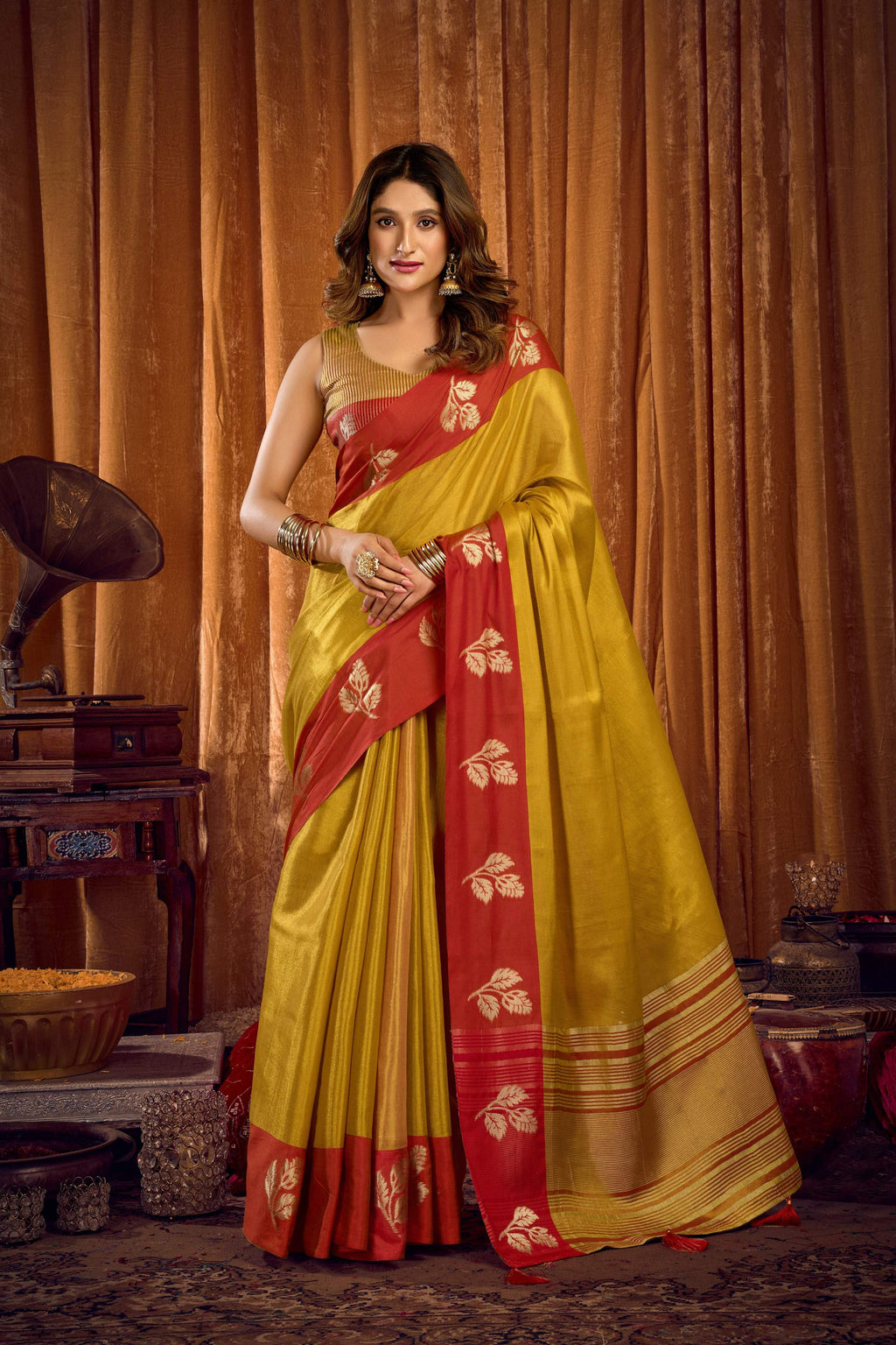 Jyoti Fashion Women's Parrot Green Soft Tissue Zari Woven Saree with Blouse