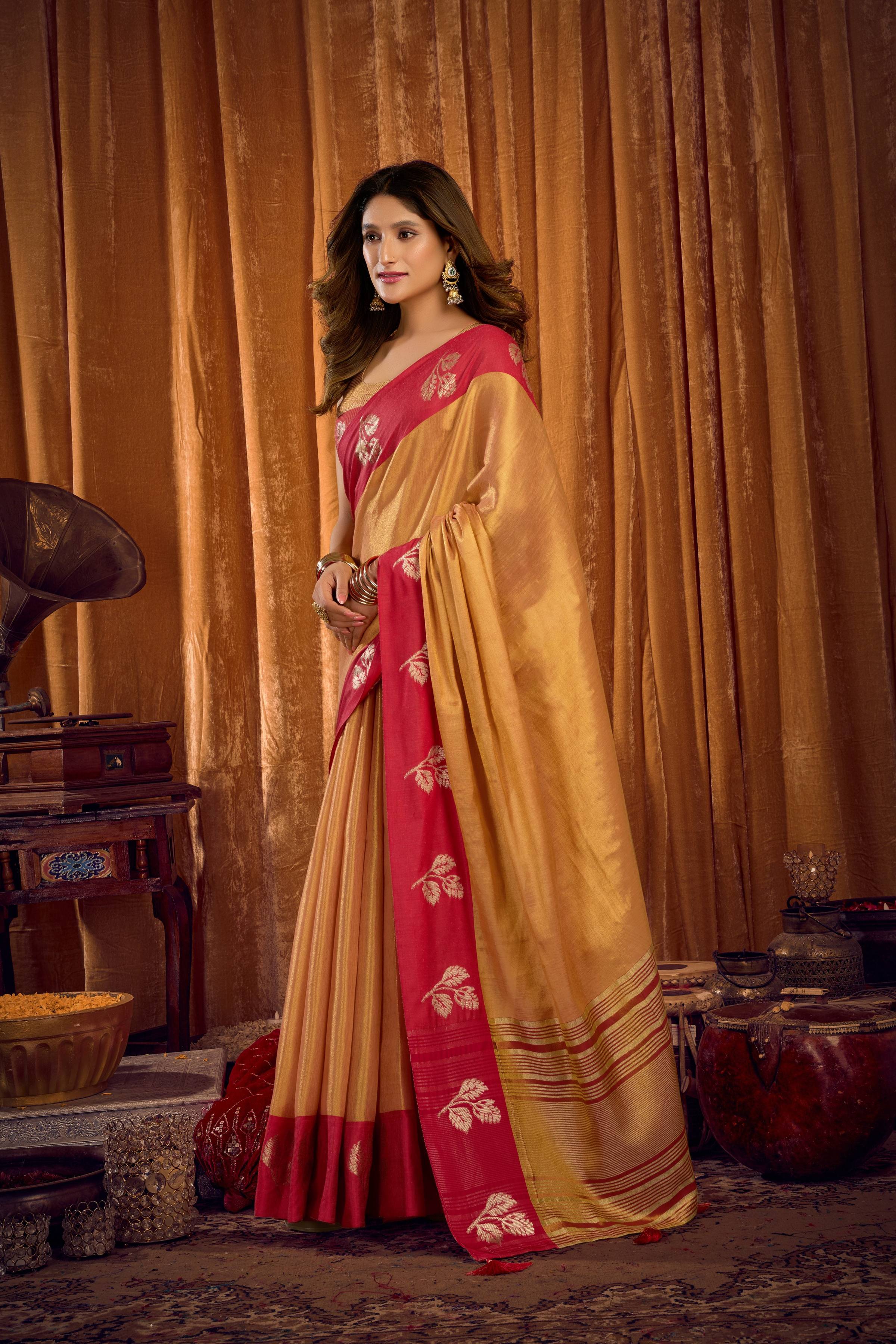 Jyoti Fashion Women's Beige Soft Tissue Zari Woven Saree with Blouse