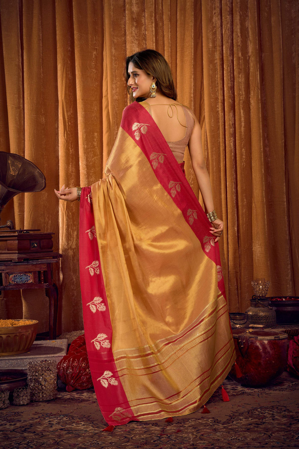 Jyoti Fashion Women's Beige Soft Tissue Zari Woven Saree with Blouse