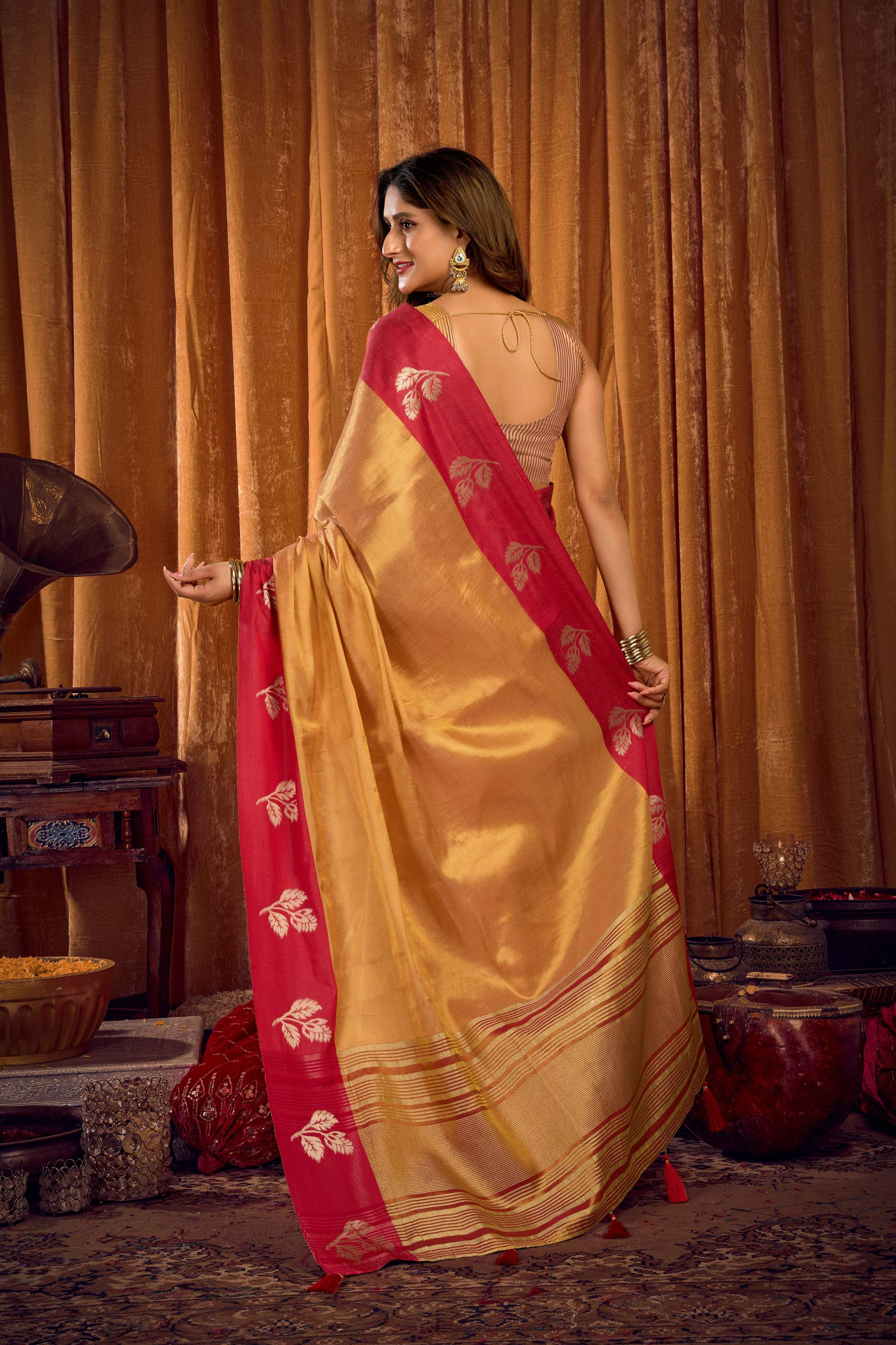 Jyoti Fashion Women's Beige Soft Tissue Zari Woven Saree with Blouse
