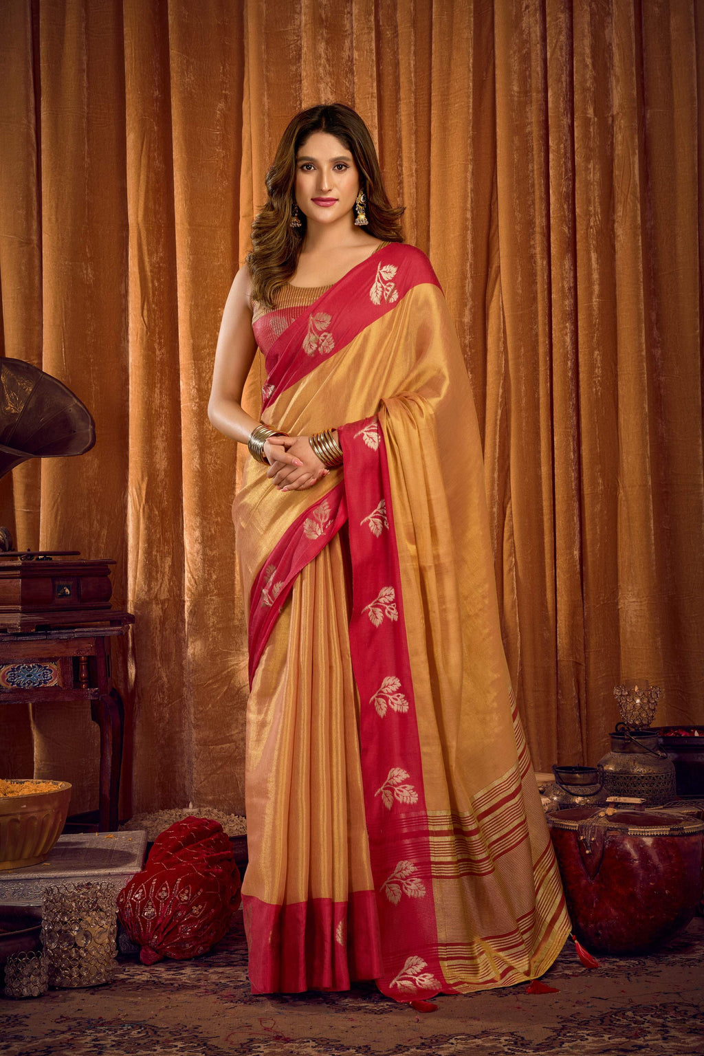 Jyoti Fashion Women's Beige Soft Tissue Zari Woven Saree with Blouse