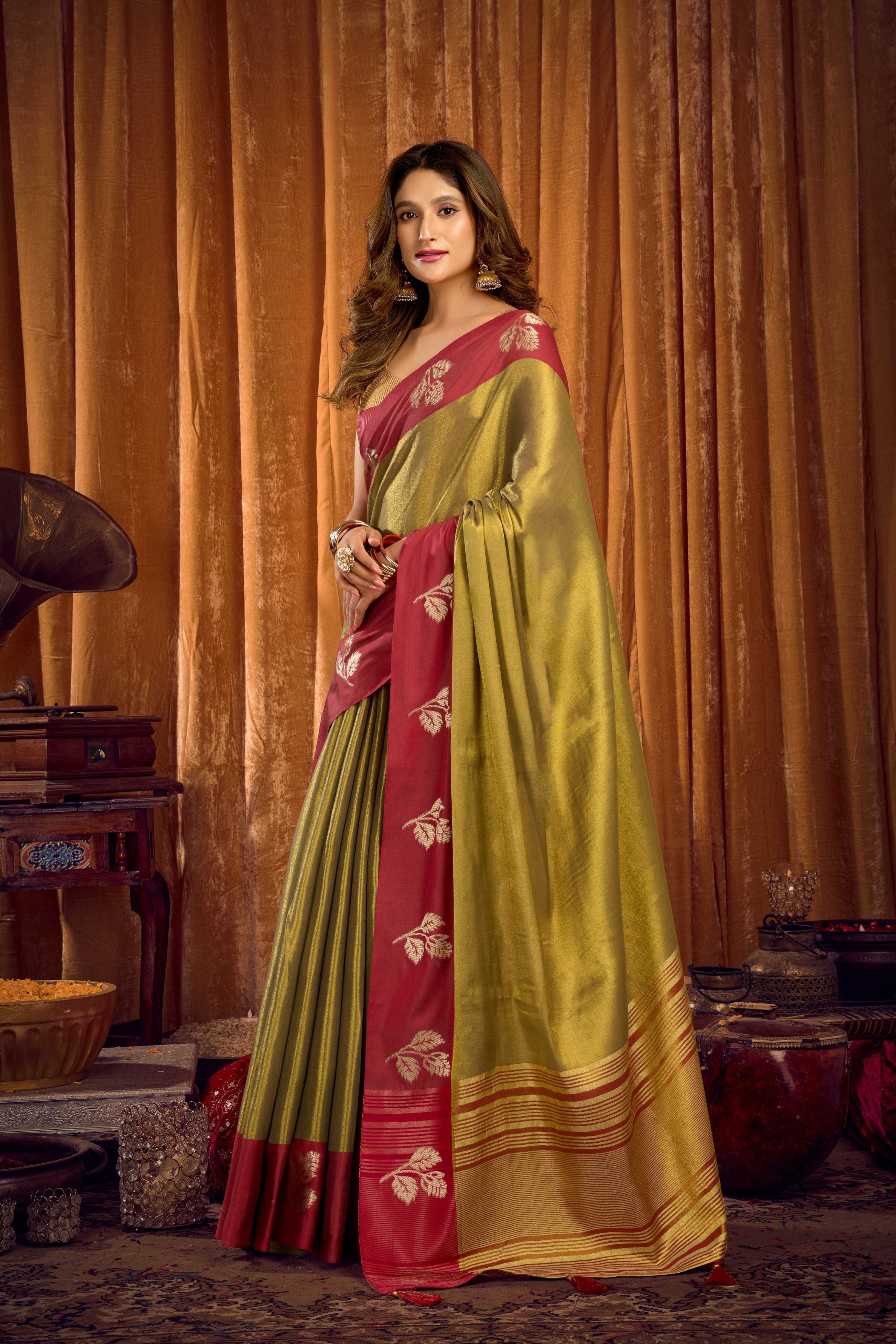 Jyoti Fashion Women's Mehendi Soft Tissue Zari Woven Saree with Blouse